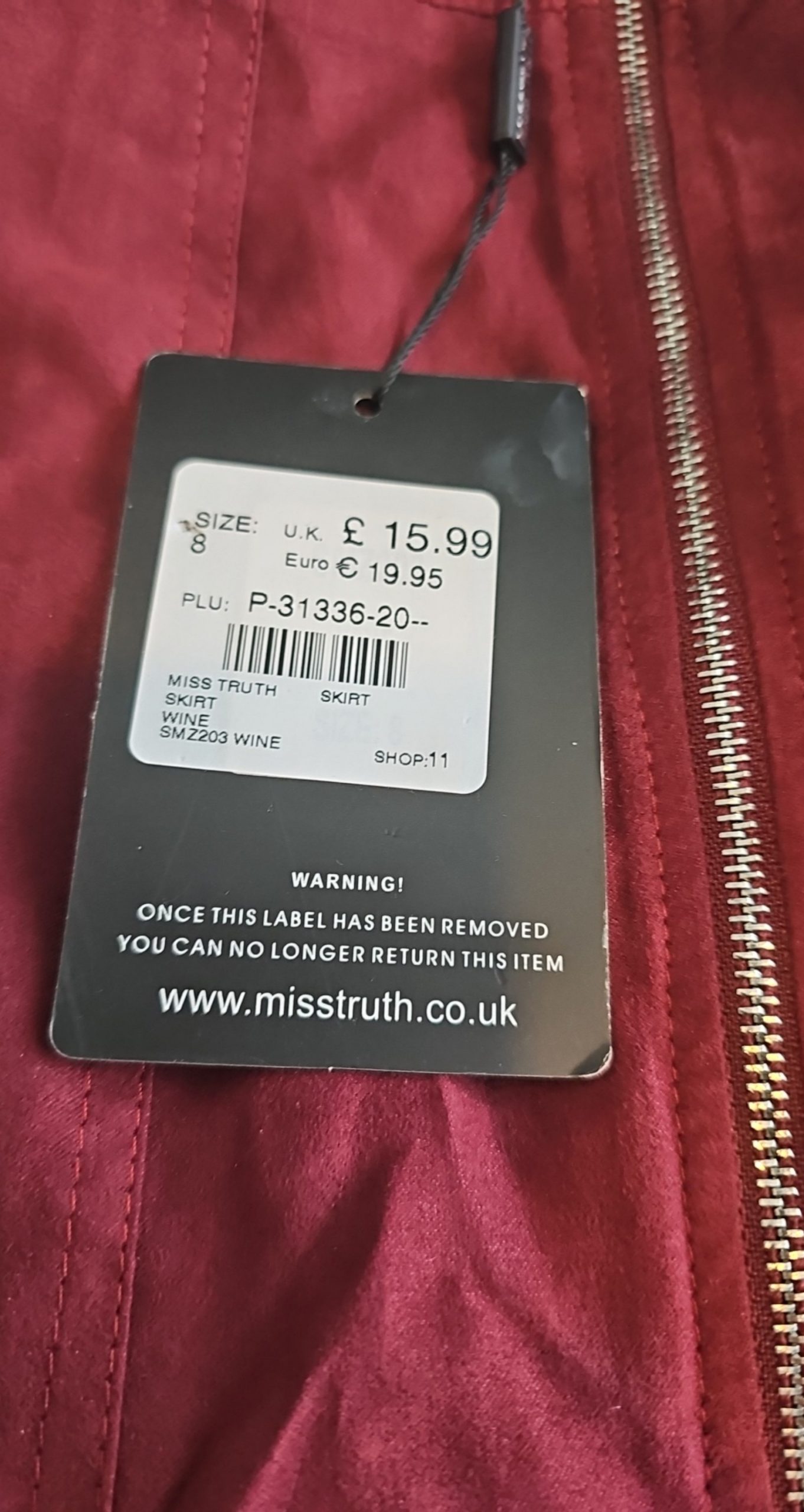 Miss Truth Wine Faux Suede Zip Front Skirt UK 8 image 3