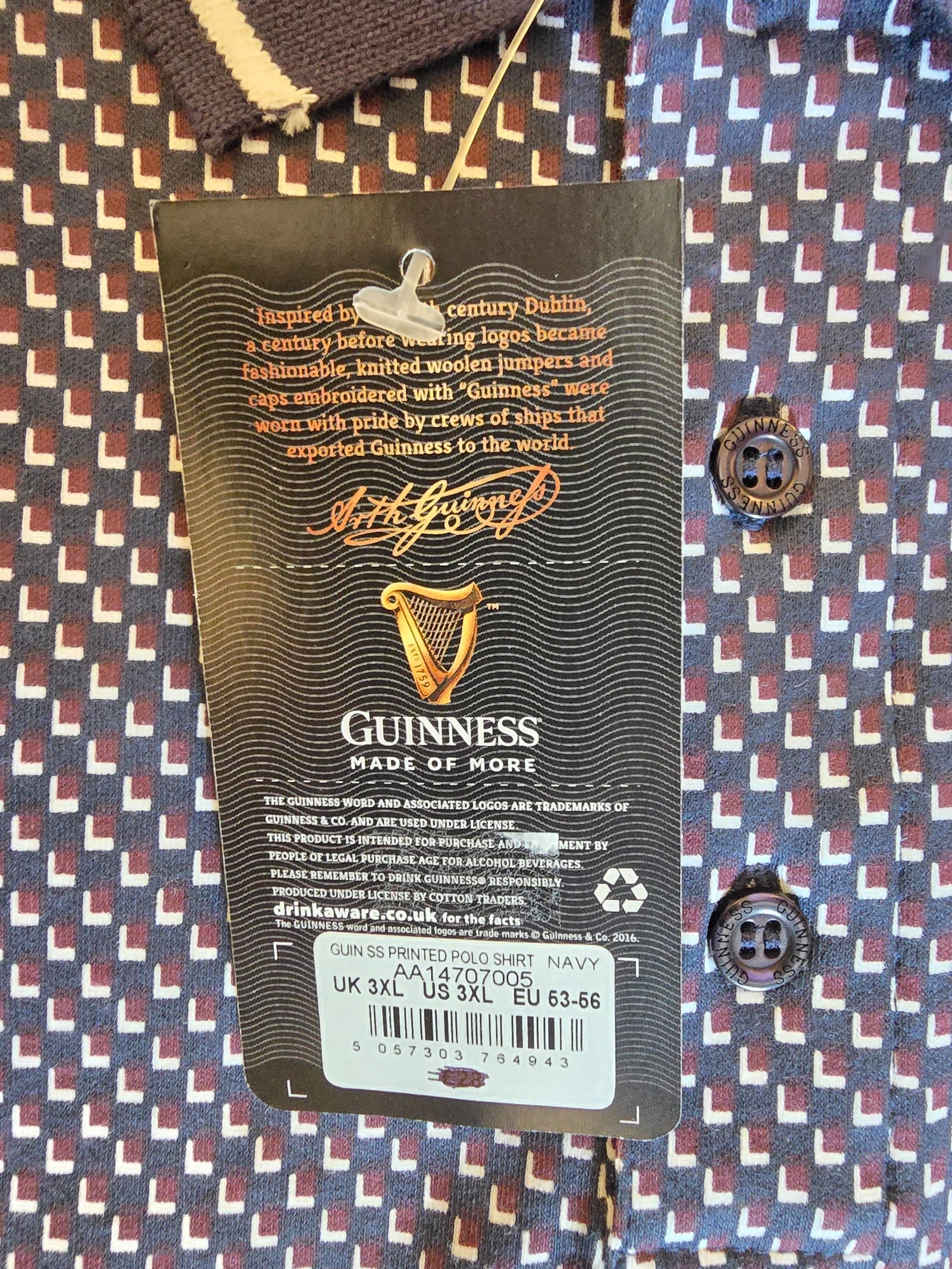 BNWT Guinness Navy Patterned Polo Shirt 3XL Cotton Blend image 5
