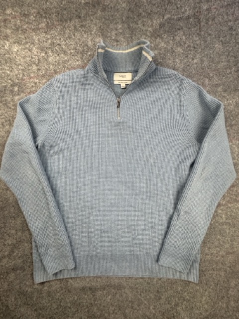 M&S Slate Blue Half Zip Textured Cotton Blend Jumper Large