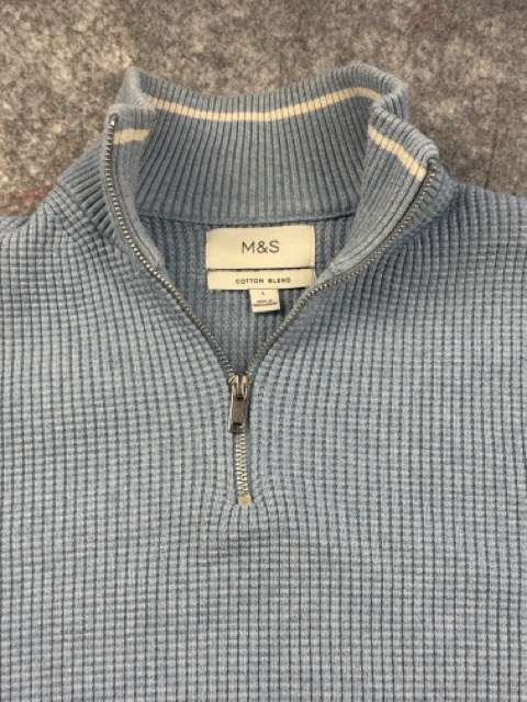 M&S Slate Blue Half Zip Textured Cotton Blend Jumper Large image 2