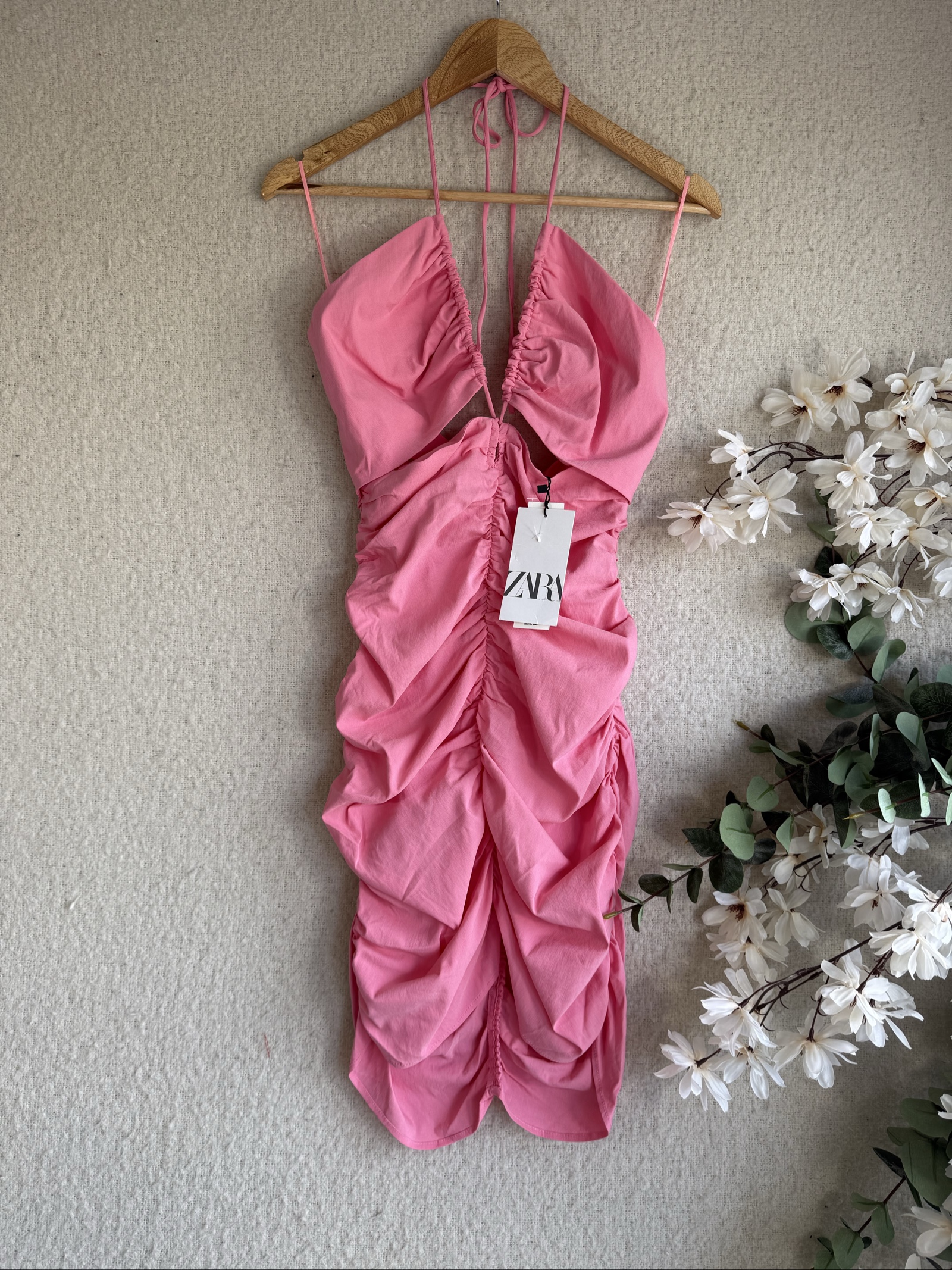 Zara Pink Ruched Halter Neck Midi Dress UK Large Stylish Occasion Dress