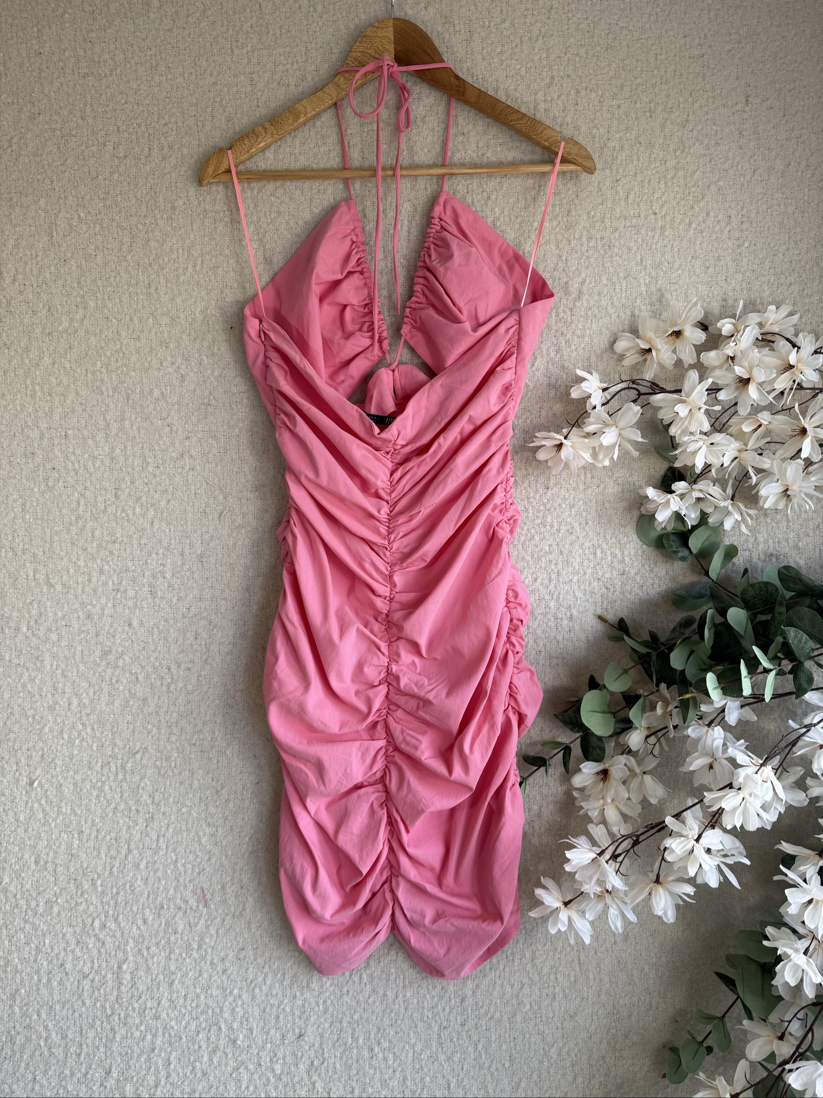 Zara Pink Ruched Halter Neck Midi Dress UK Large Stylish Occasion Dress image 4