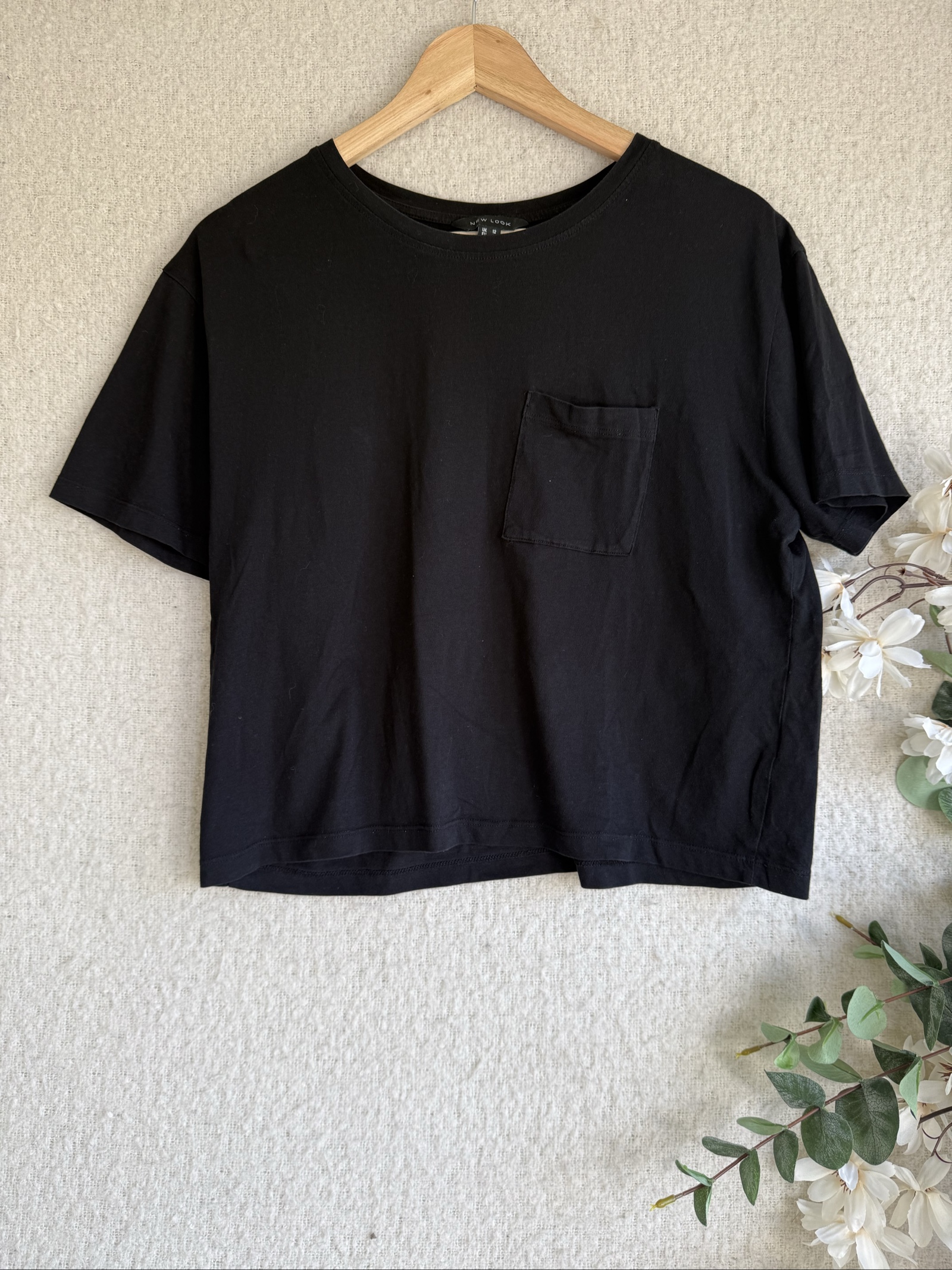 New Look Black Cotton Pocket T-Shirt UK 12 Casual Basic Summer Tee