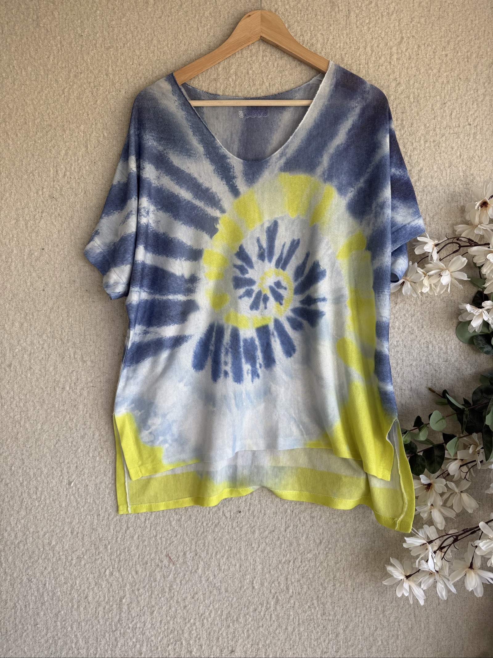 Blue, Yellow & White Tie Dye Top UK One Size Soft Blend Casual Boho Chic