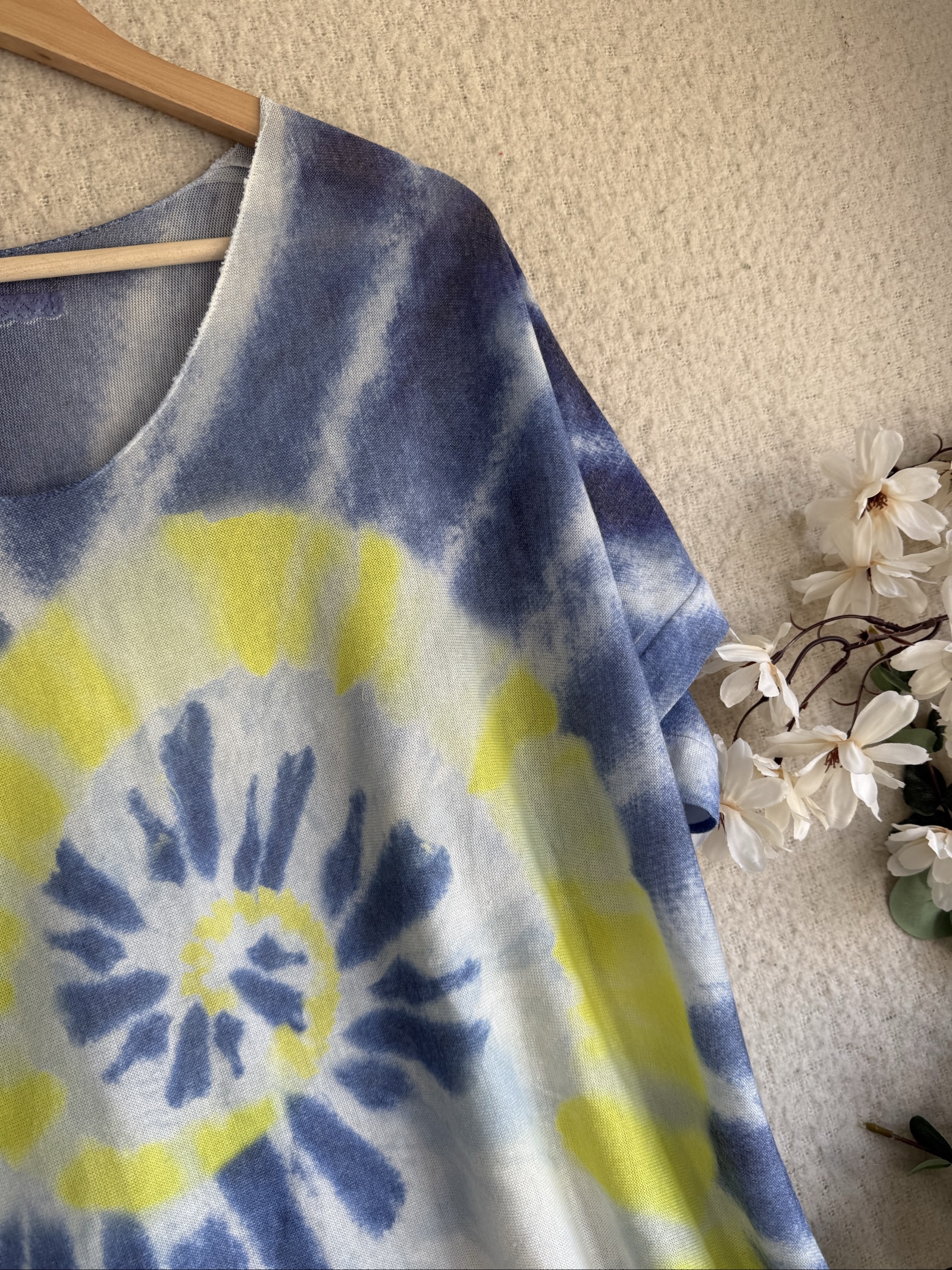 Blue, Yellow & White Tie Dye Top UK One Size Soft Blend Casual Boho Chic image 2