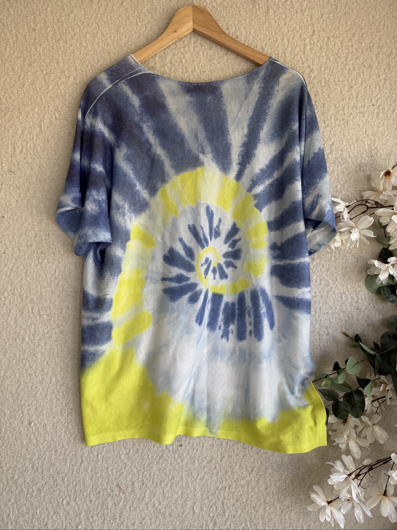 Blue, Yellow & White Tie Dye Top UK One Size Soft Blend Casual Boho Chic image 3