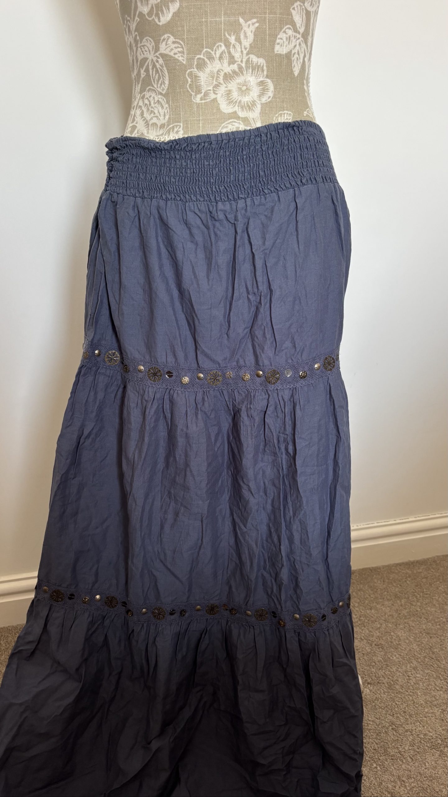 Blue Cotton Boho Maxi Skirt with Embellishments M