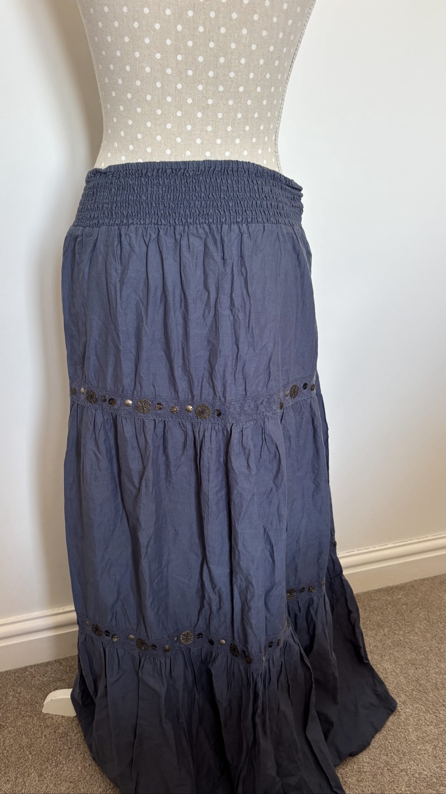 Blue Cotton Boho Maxi Skirt with Embellishments M image 5