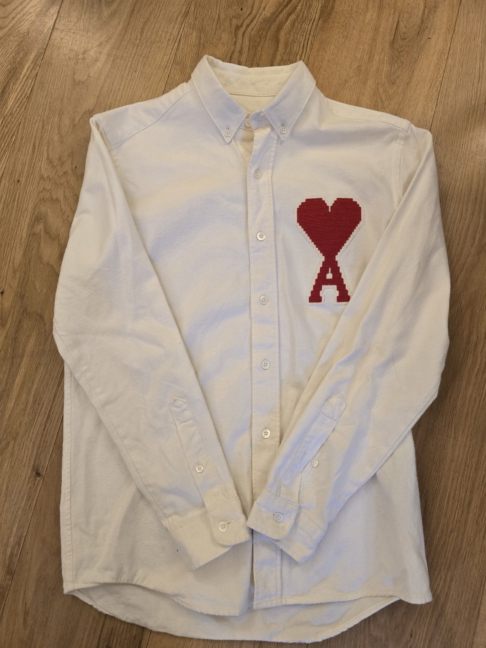 Ami Cream Cotton Long Sleeve Shirt Size 38 Red Heart Logo