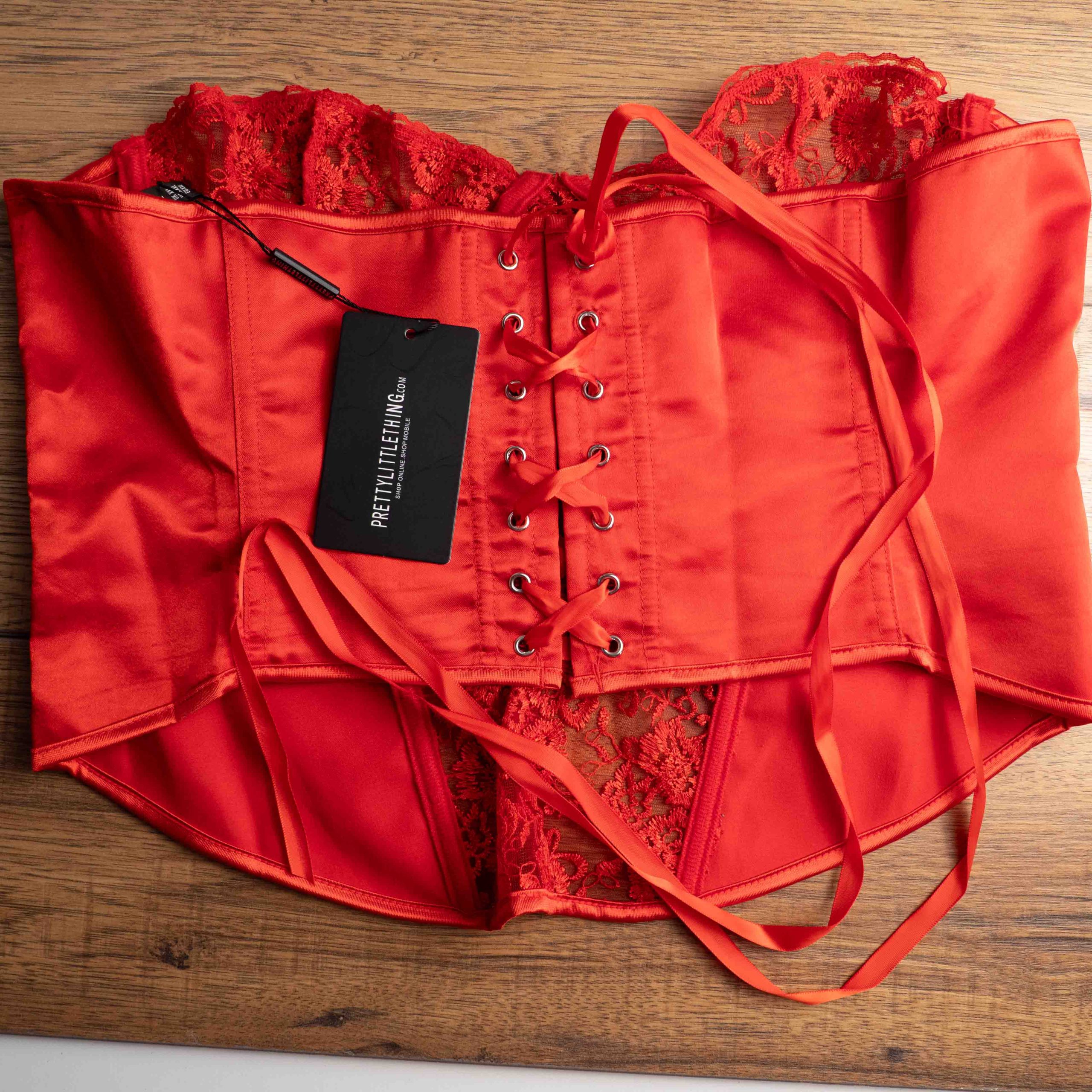 Pretty Little Thing Red Lace & Satin Corset Top XXL Sheer Floral Lace Bodice NWT image 6