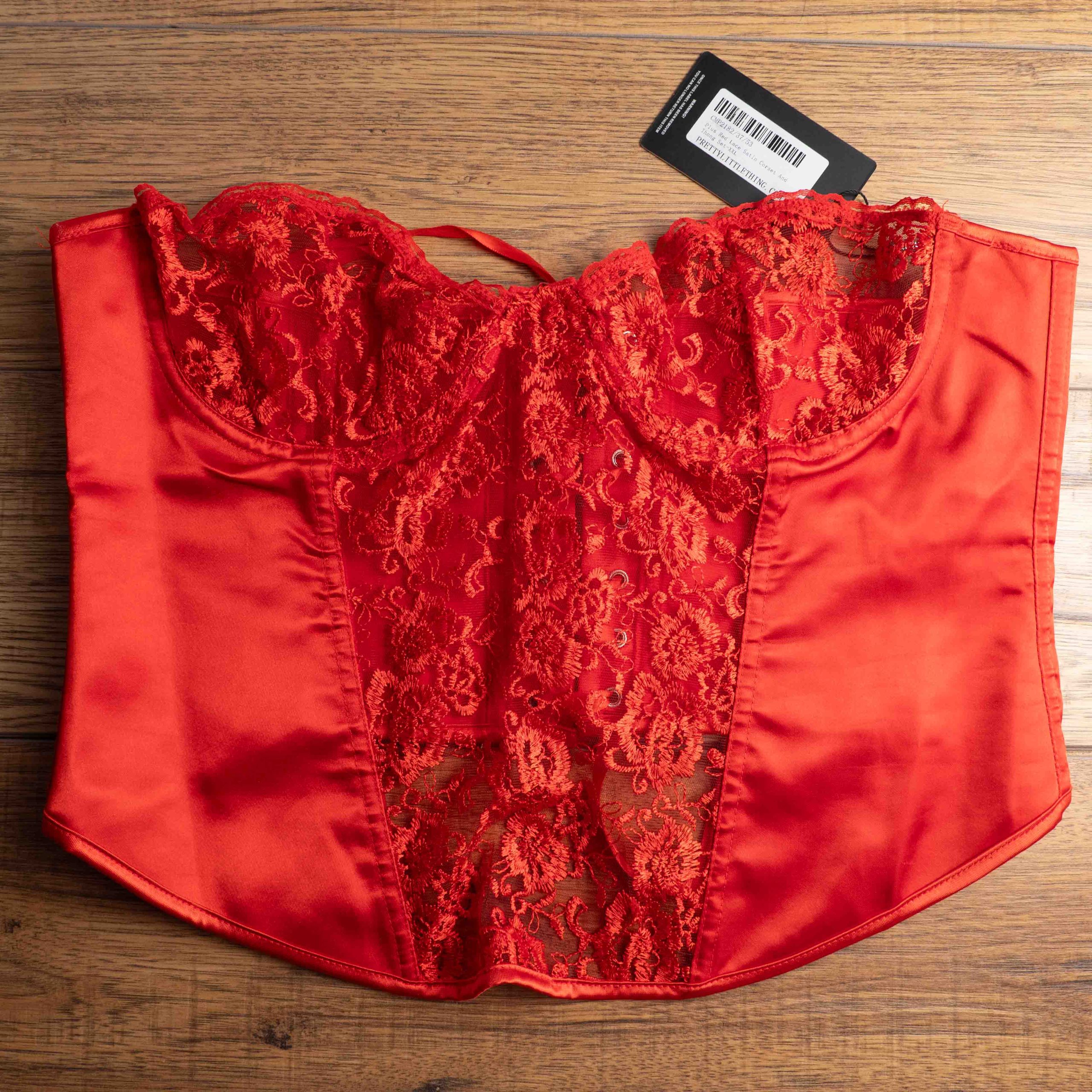 Pretty Little Thing Red Lace & Satin Corset Top XXL Sheer Floral Lace Bodice NWT image 8
