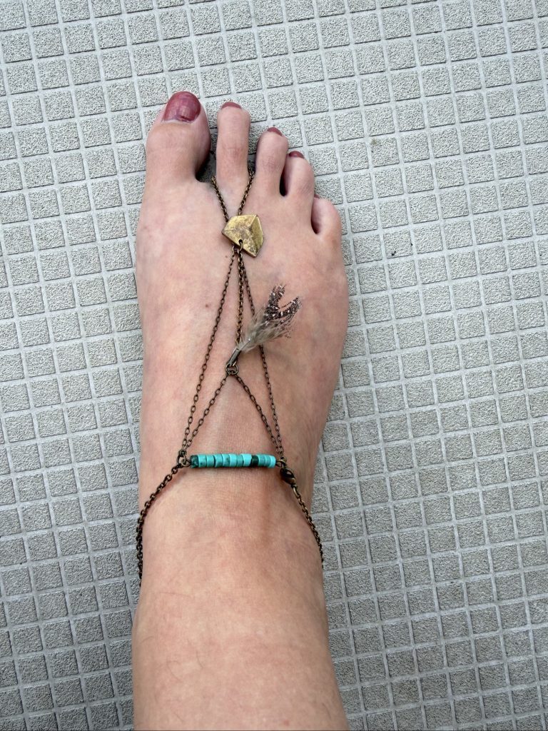 Hand upcycled Boho Chic Brown & Turquoise Foot Jewelry One Size Feather Charm