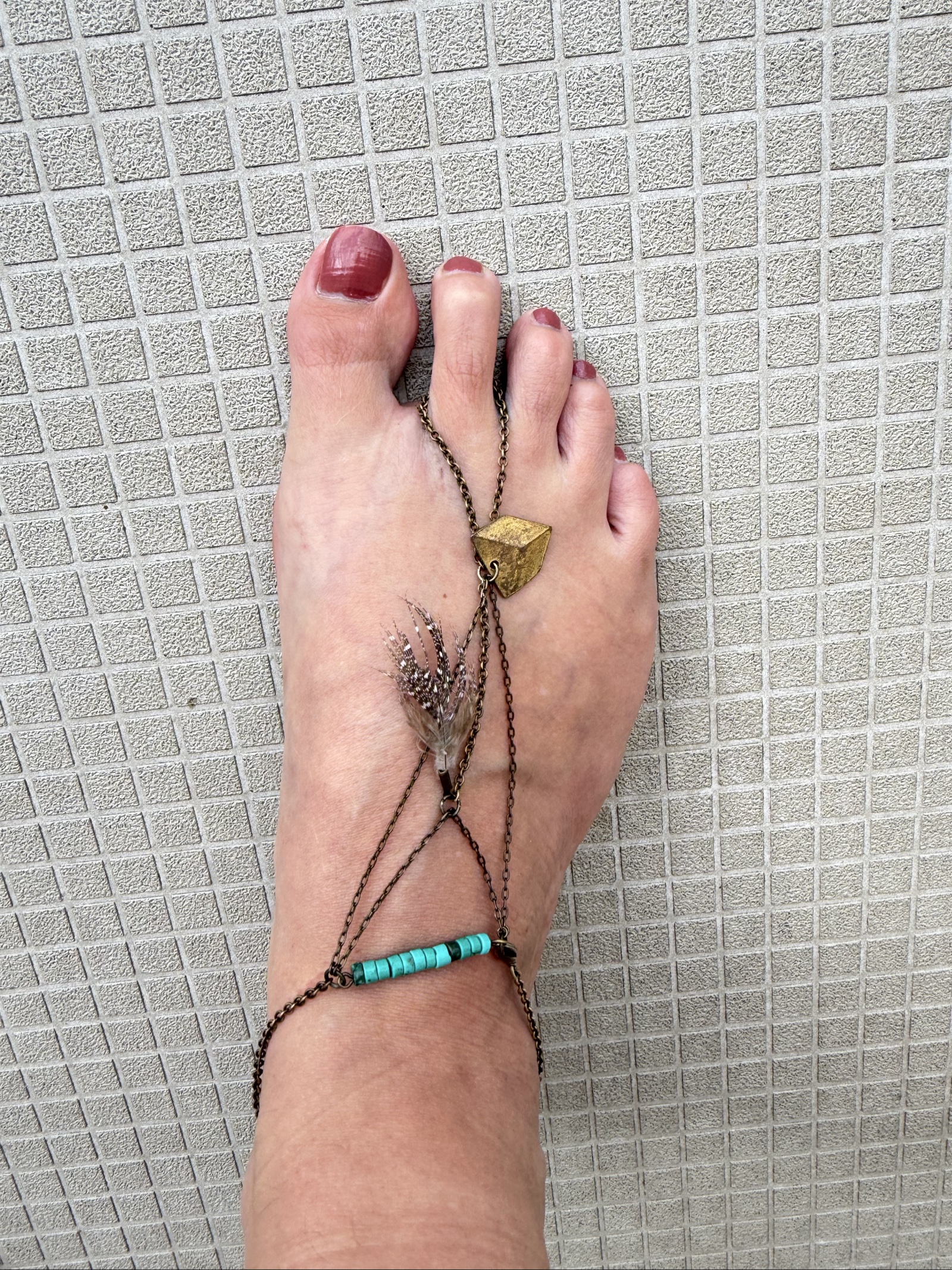 Hand upcycled Boho Chic Brown & Turquoise Foot Jewelry One Size Feather Charm image 2