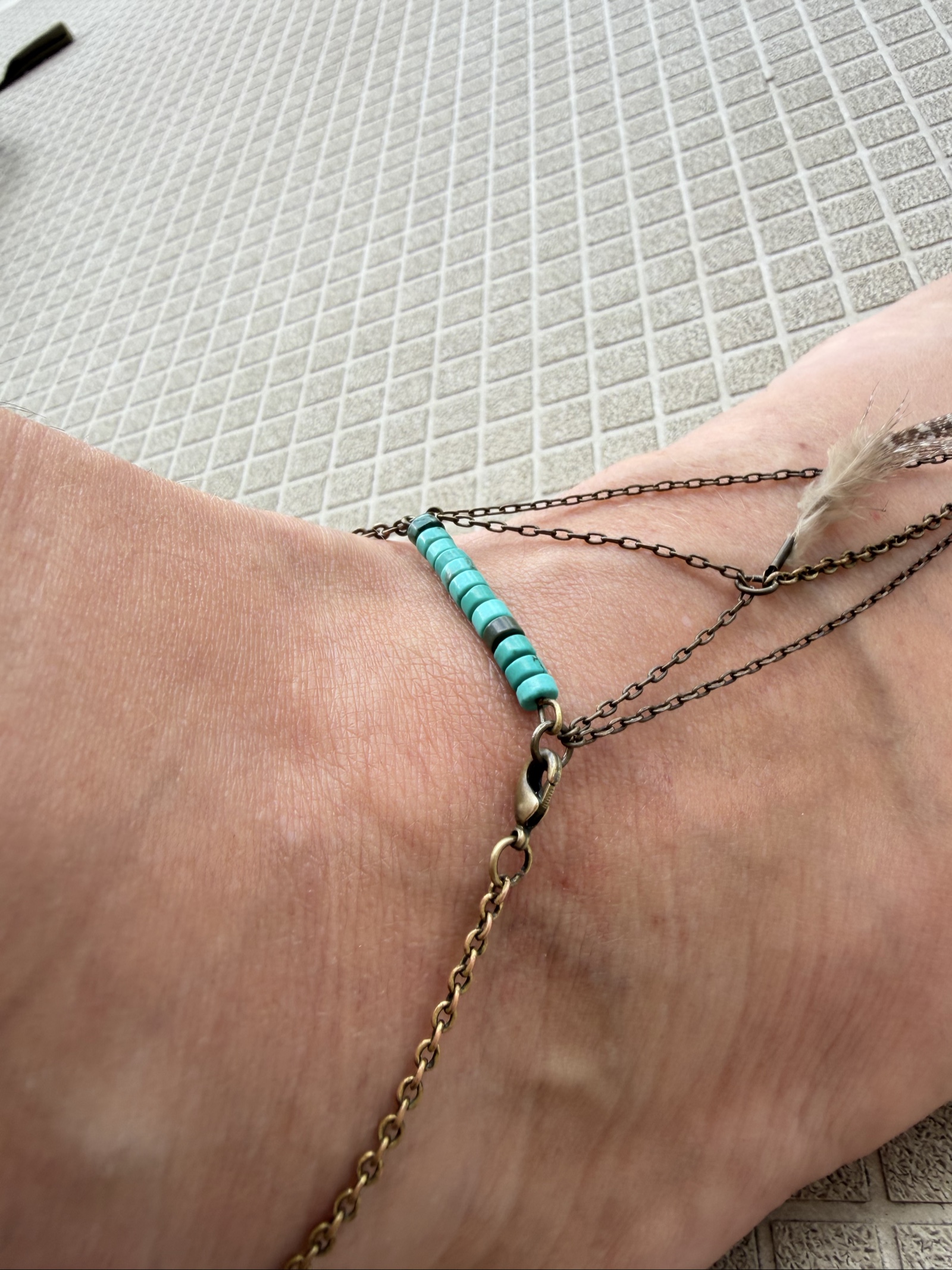 Hand upcycled Boho Chic Brown & Turquoise Foot Jewelry One Size Feather Charm image 3