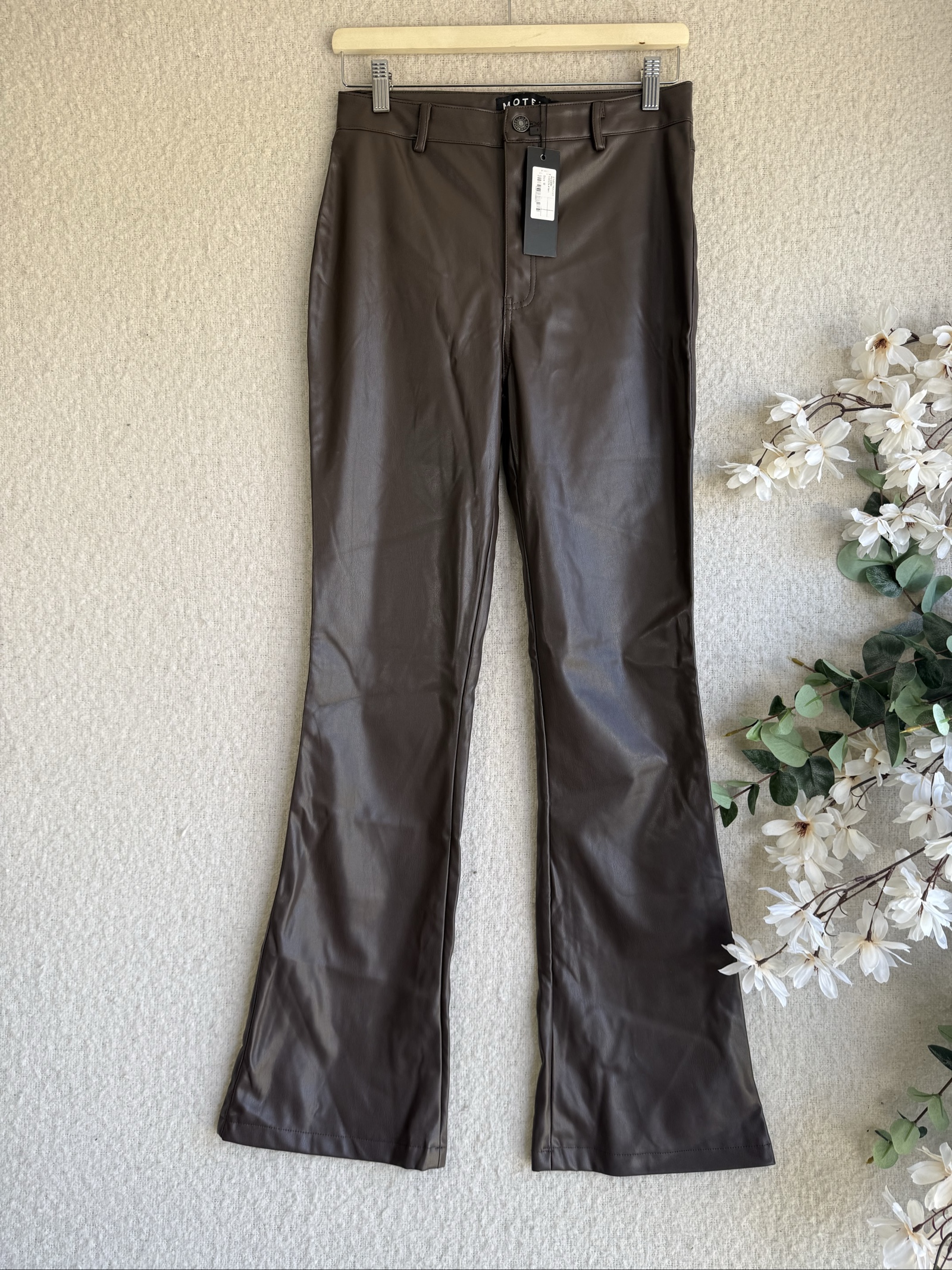 Motel Brown PU & Polyester Flared Trousers Medium Stylish Faux Leather