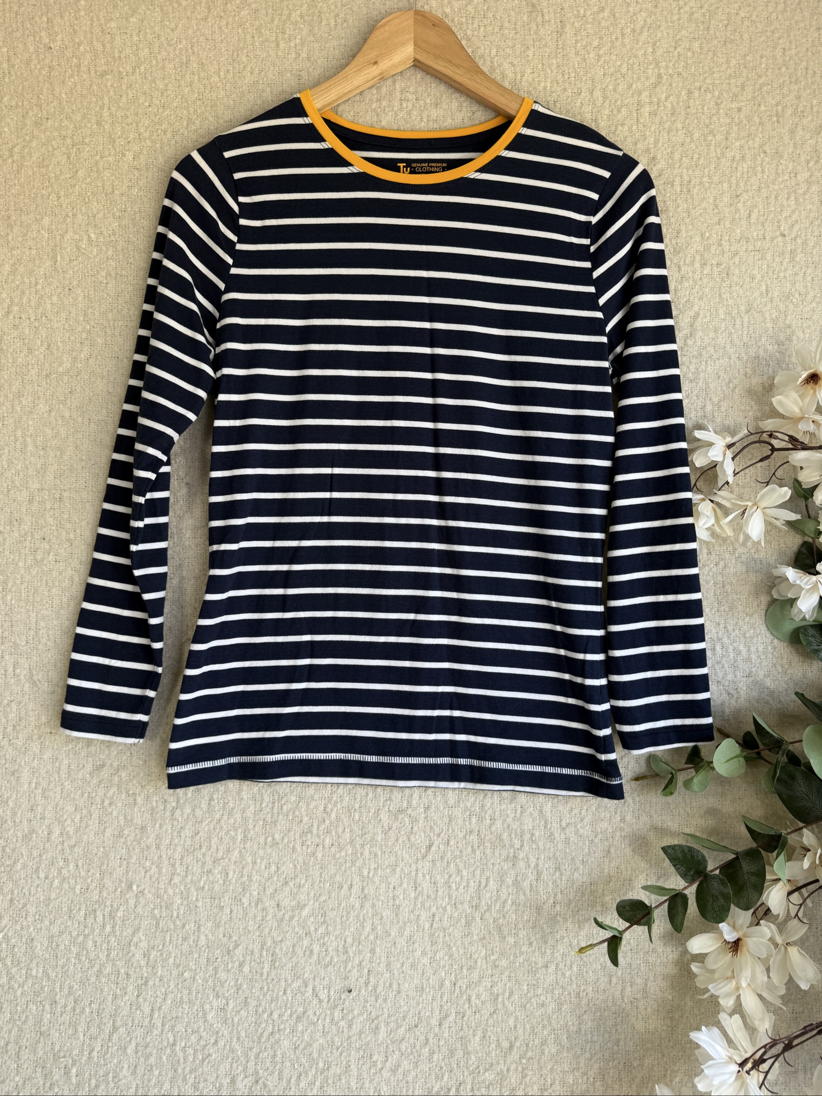 Tu Navy & White Striped Long Sleeve Top UK 14 Cotton Modal Blend