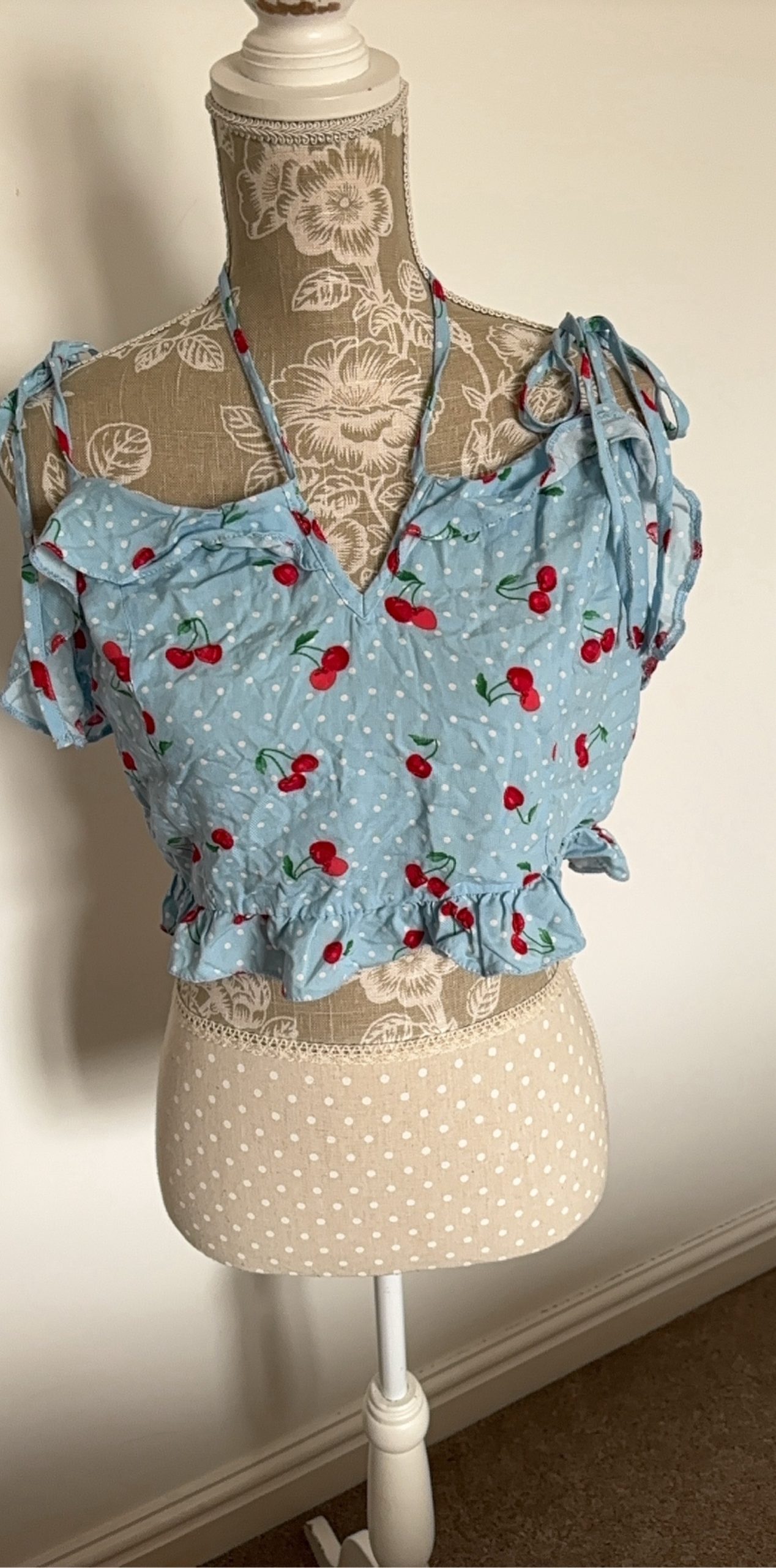 New Look Blue Cherry Print Crop Top UK 16