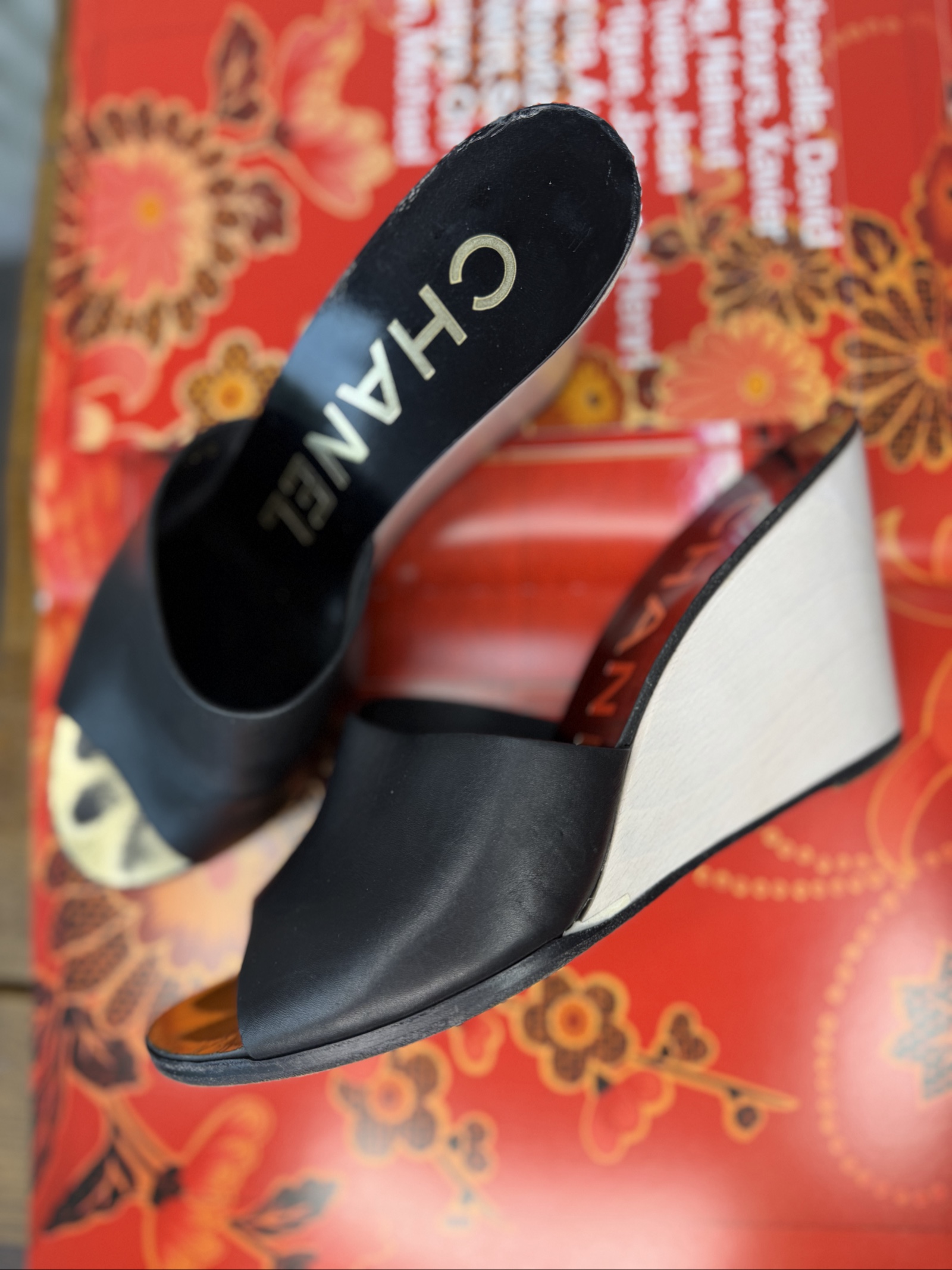 Chanel Black & Beige Leather Wedge Mules UK 6
