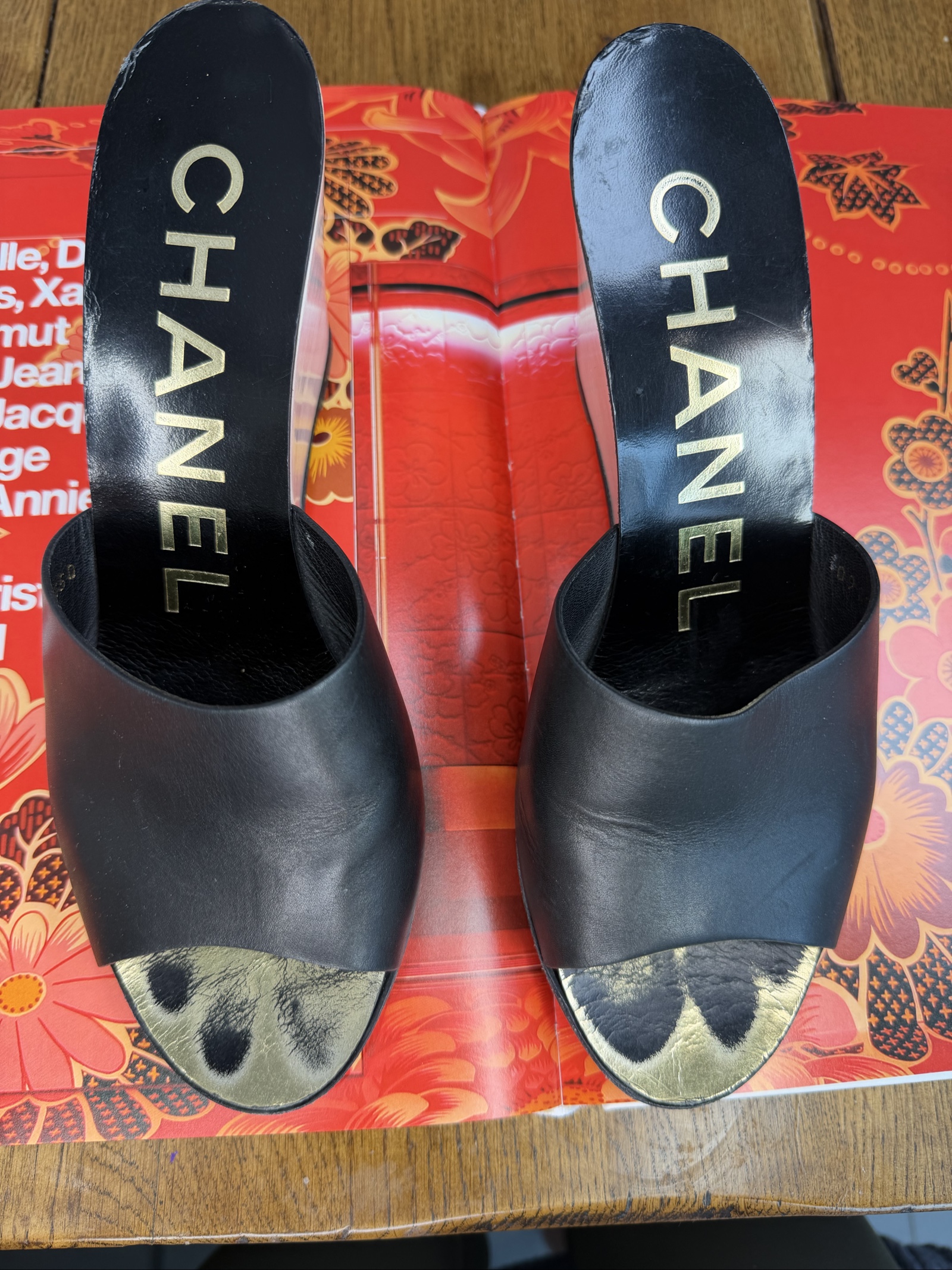 Chanel Black & Beige Leather Wedge Mules UK 6 image 7
