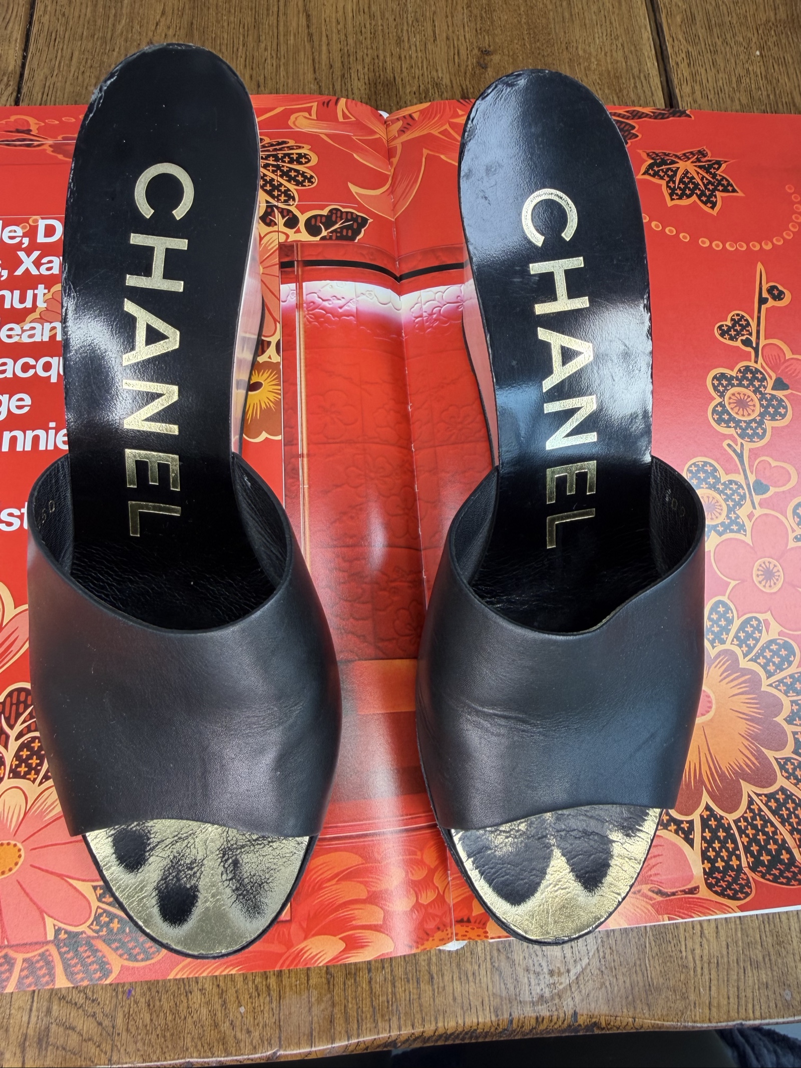 Chanel Black & Beige Leather Wedge Mules UK 6 image 9