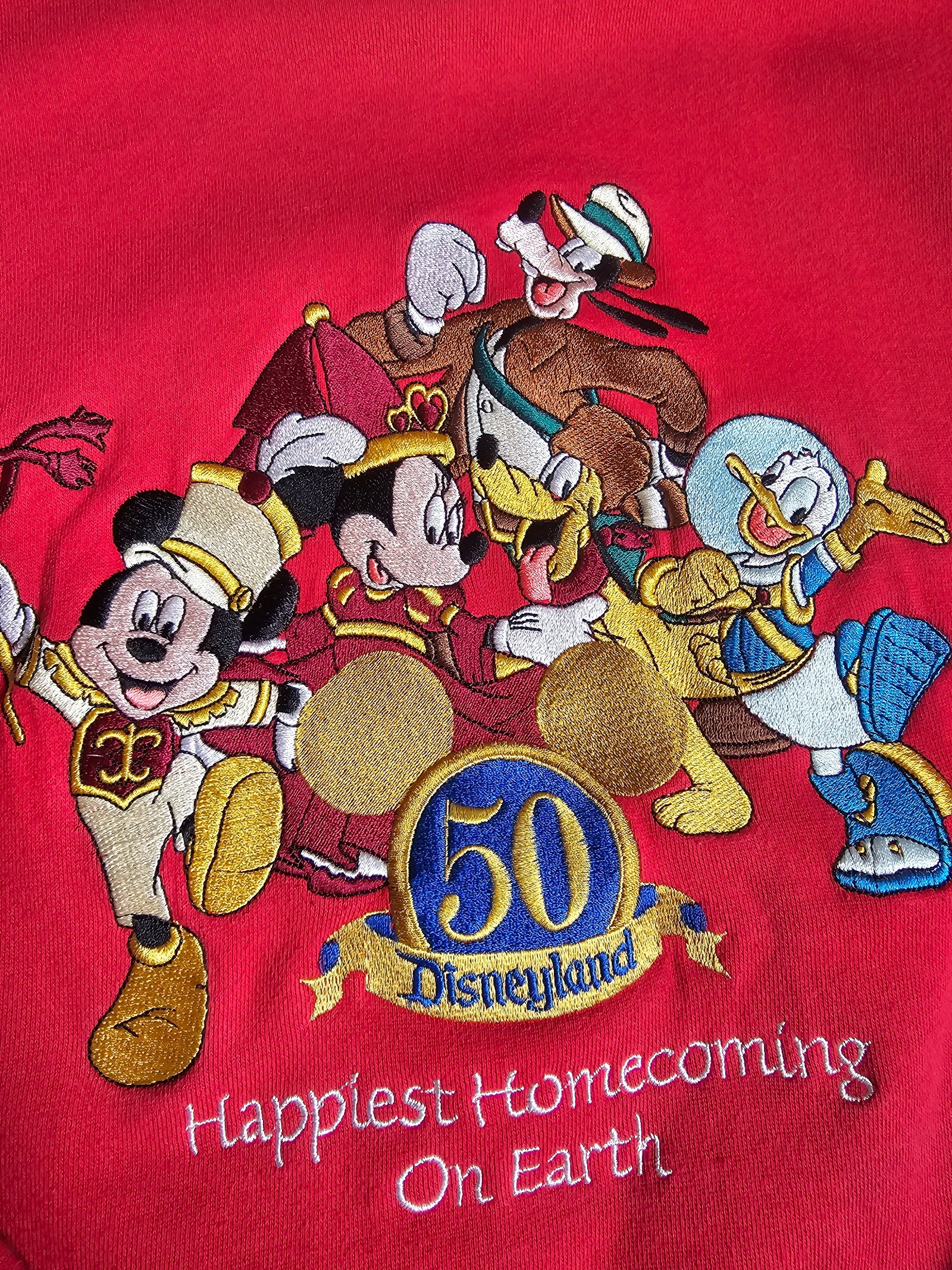 Vintage Disneyland Red 50th Anniversary Sweatshirt Medium Embroidered Characters image 2