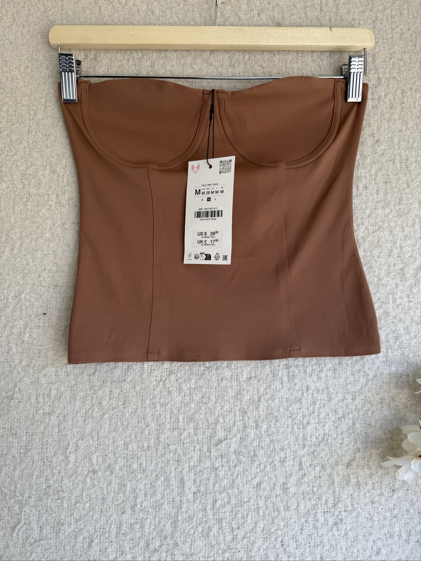 Zara Brown Strapless Bustier Top Medium UK 12 Stylish Structured Fit