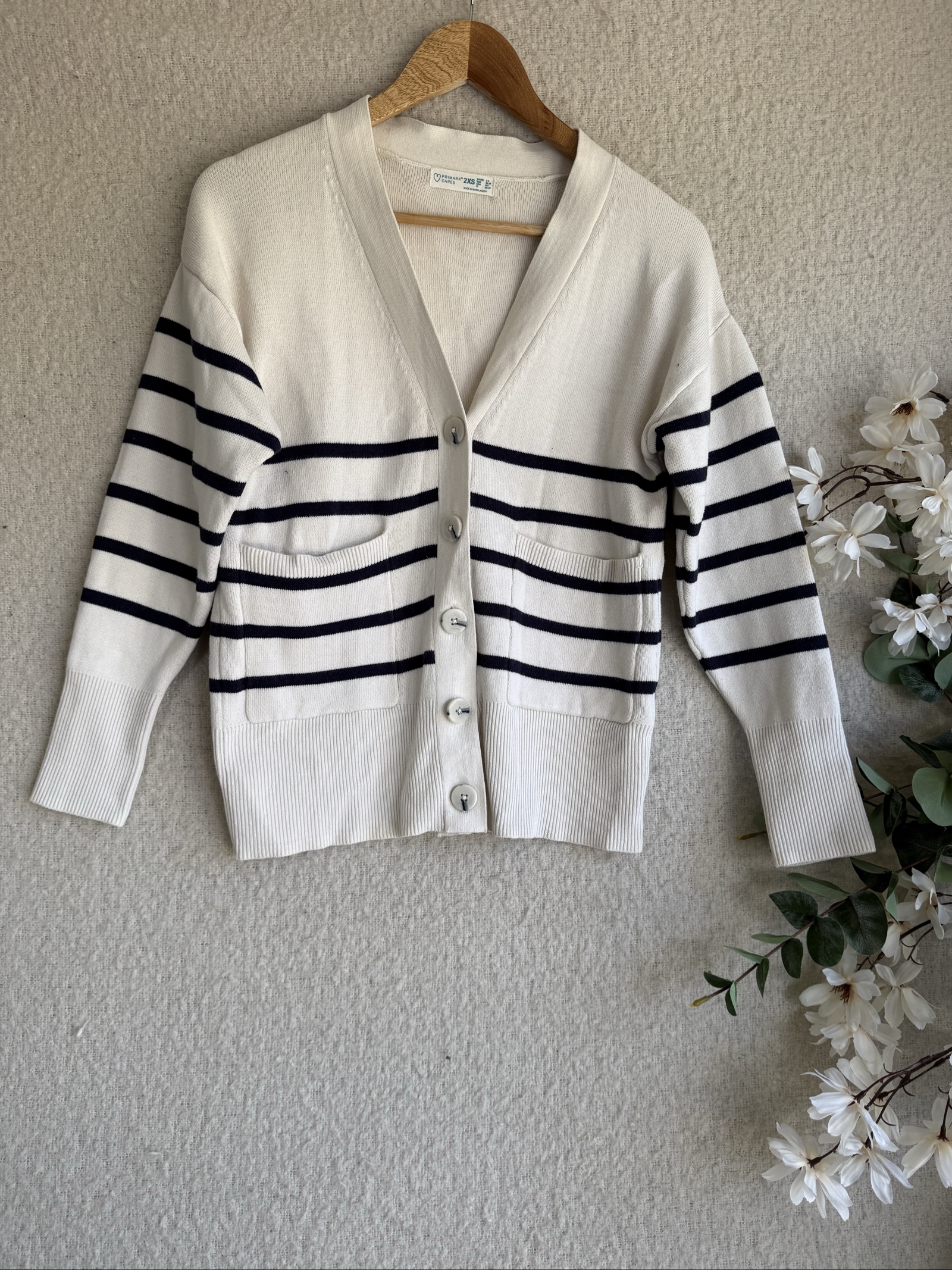 Primark White & Navy Stripe Cardigan 2XS UK 4-6 Cotton Blend Buttoned Casual