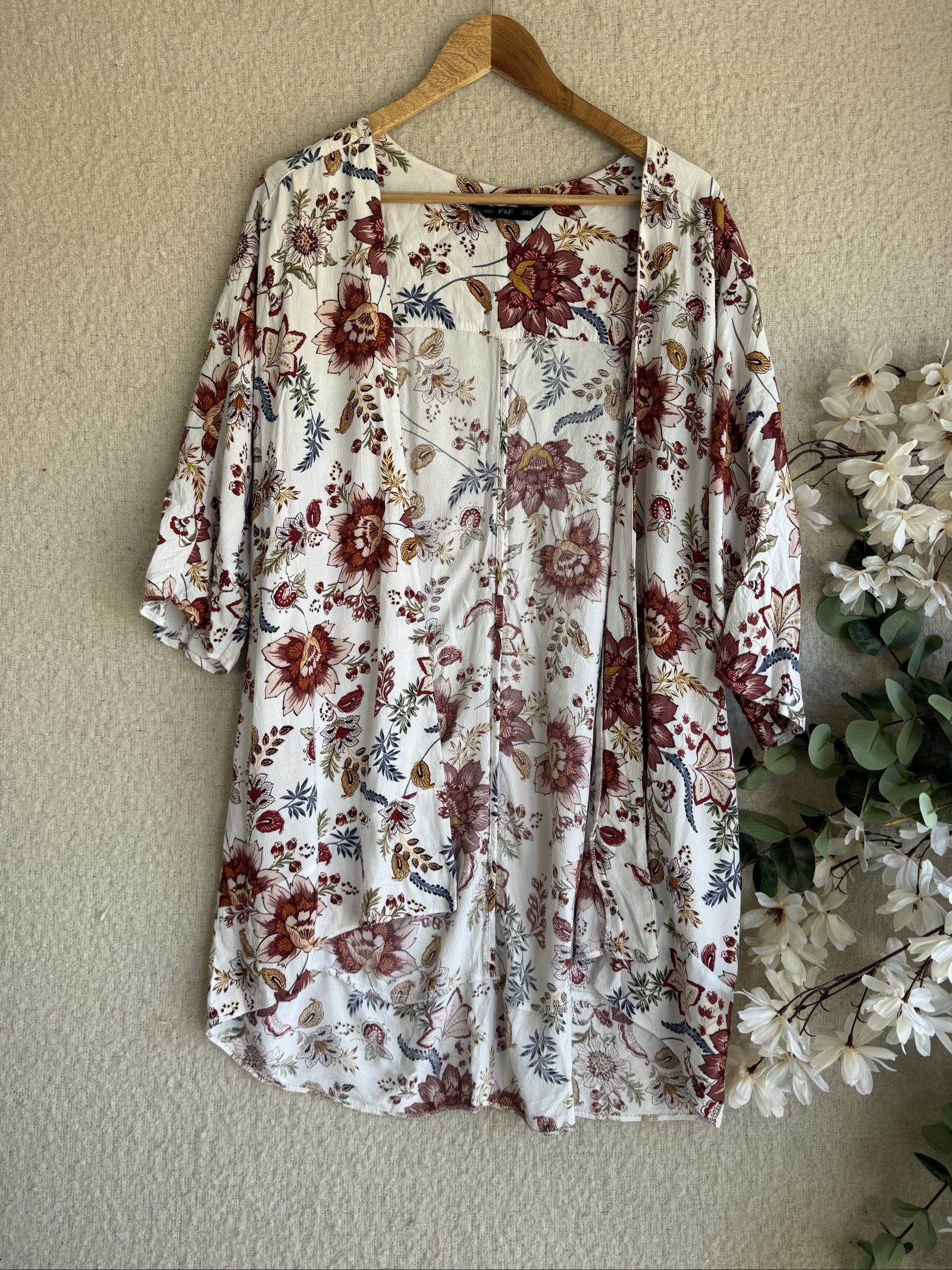 F&F Floral Boho Style Kimono Jacket White Multi UK 16-18 Lightweight Layer