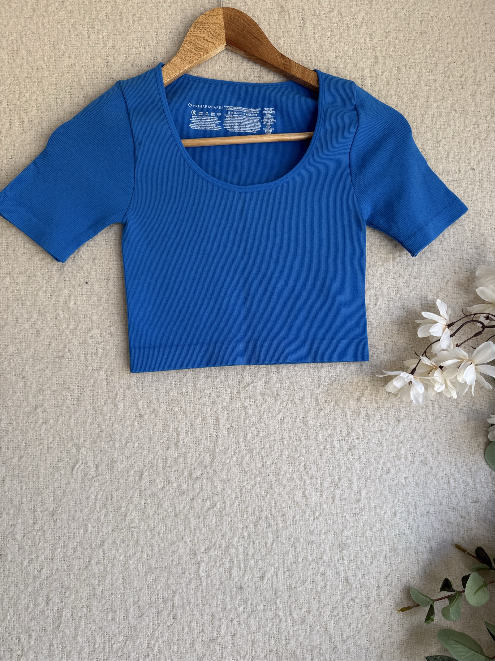 Primark Blue Ribbed Crop Top Scoop Neck Short Sleeve UK 10/12 Stylish Summer
