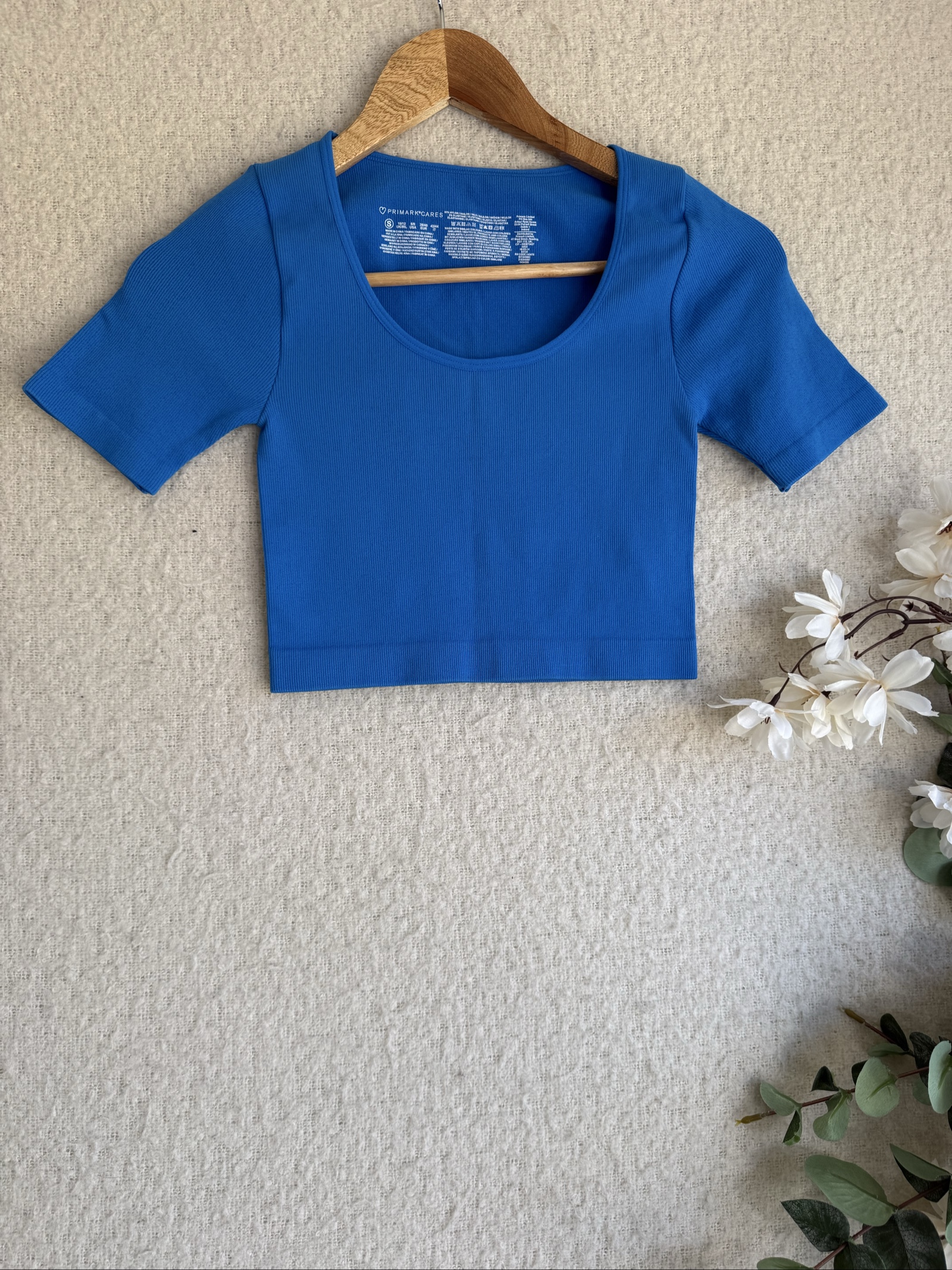 Primark Blue Ribbed Crop Top Scoop Neck Short Sleeve UK 10/12 Stylish Summer image 3