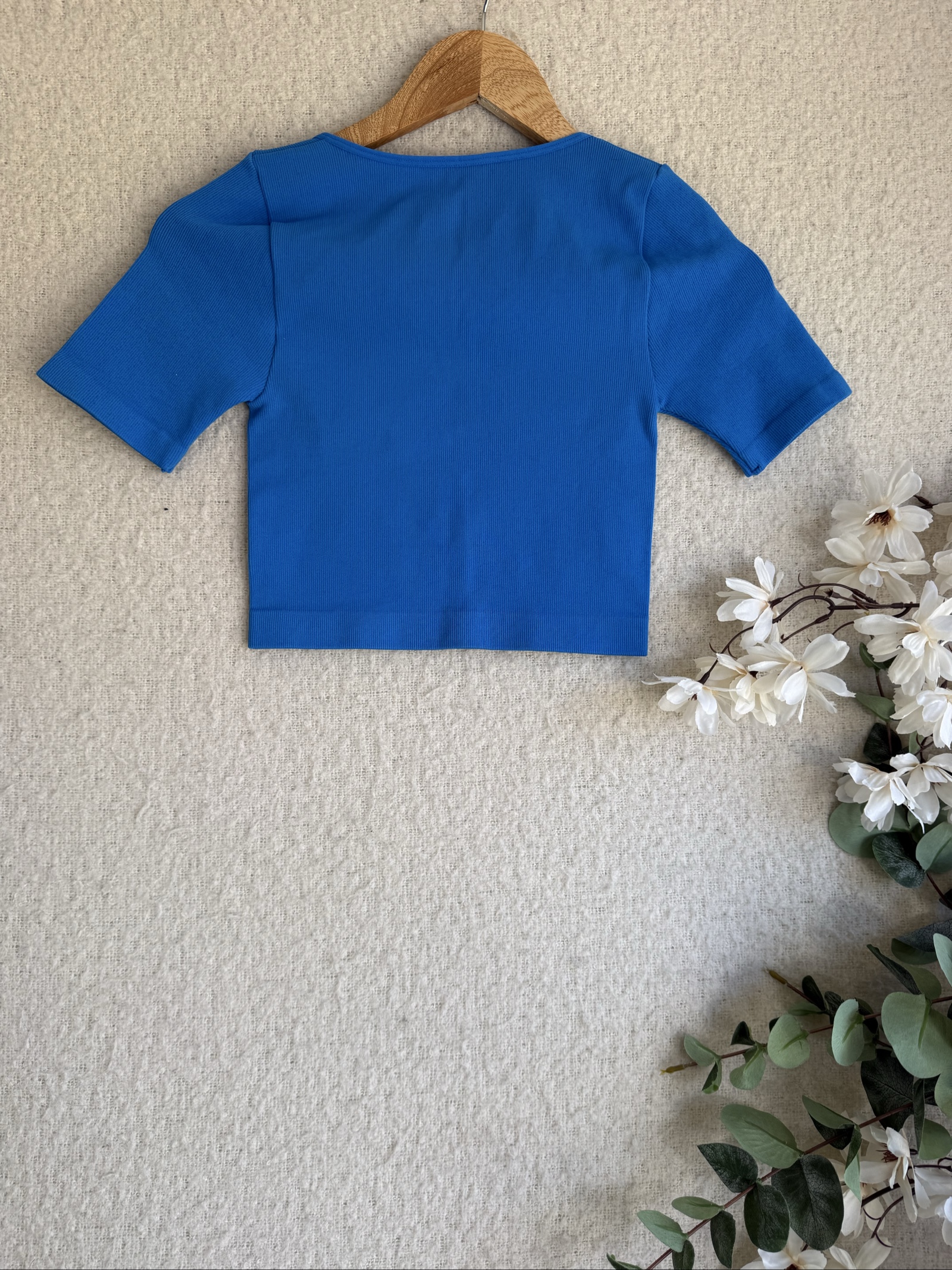 Primark Blue Ribbed Crop Top Scoop Neck Short Sleeve UK 10/12 Stylish Summer image 4