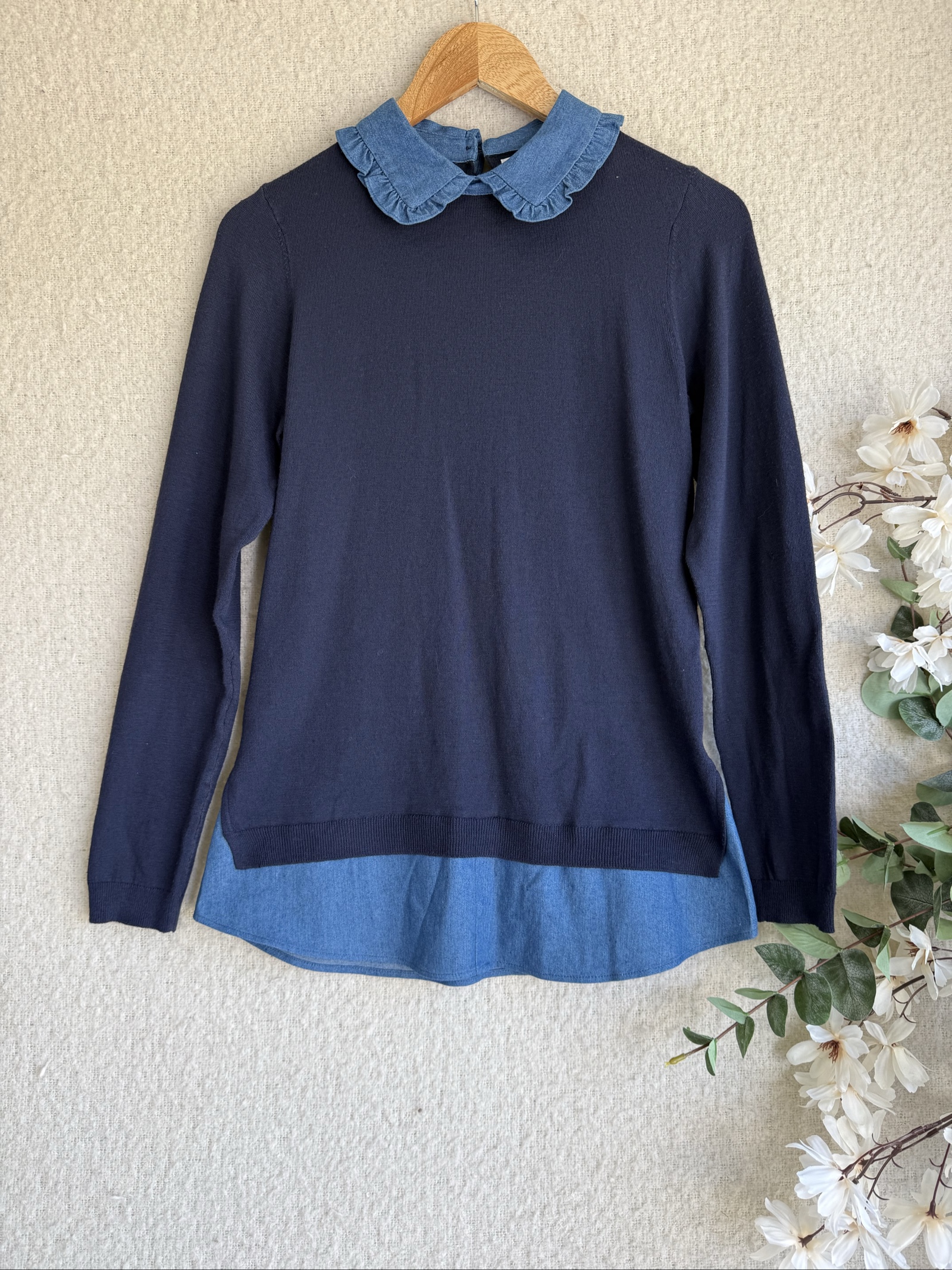 Papaya Navy & Blue Knit Sweater Top UK 8 with Denim Collar and Hem Detail
