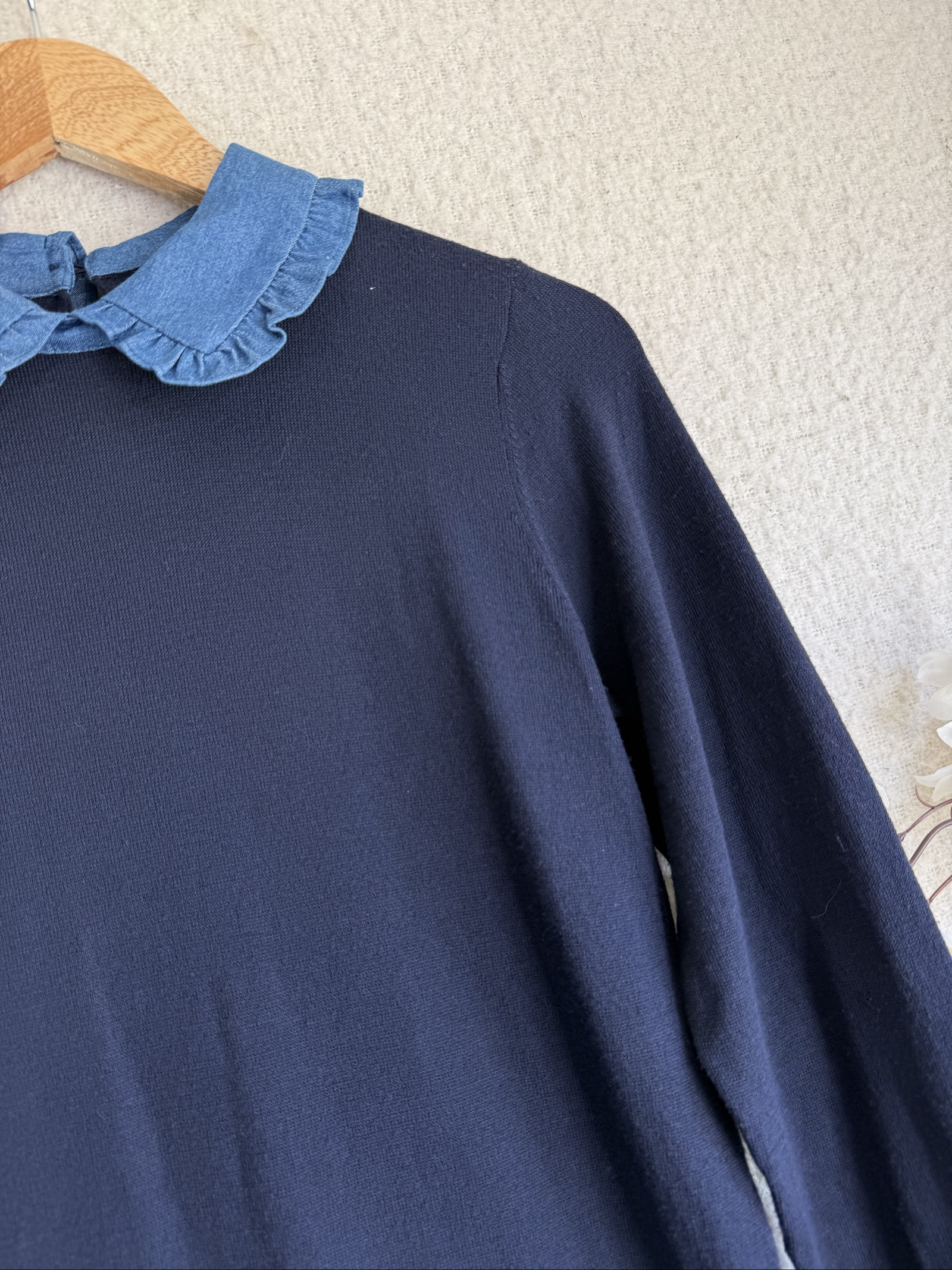 Papaya Navy & Blue Knit Sweater Top UK 8 with Denim Collar and Hem Detail image 2