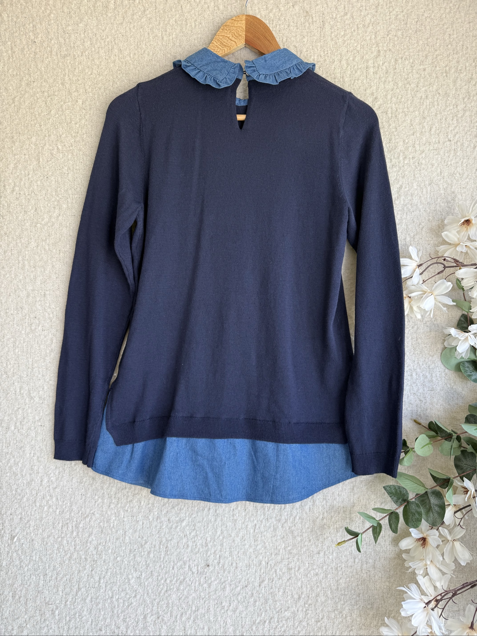Papaya Navy & Blue Knit Sweater Top UK 8 with Denim Collar and Hem Detail image 4