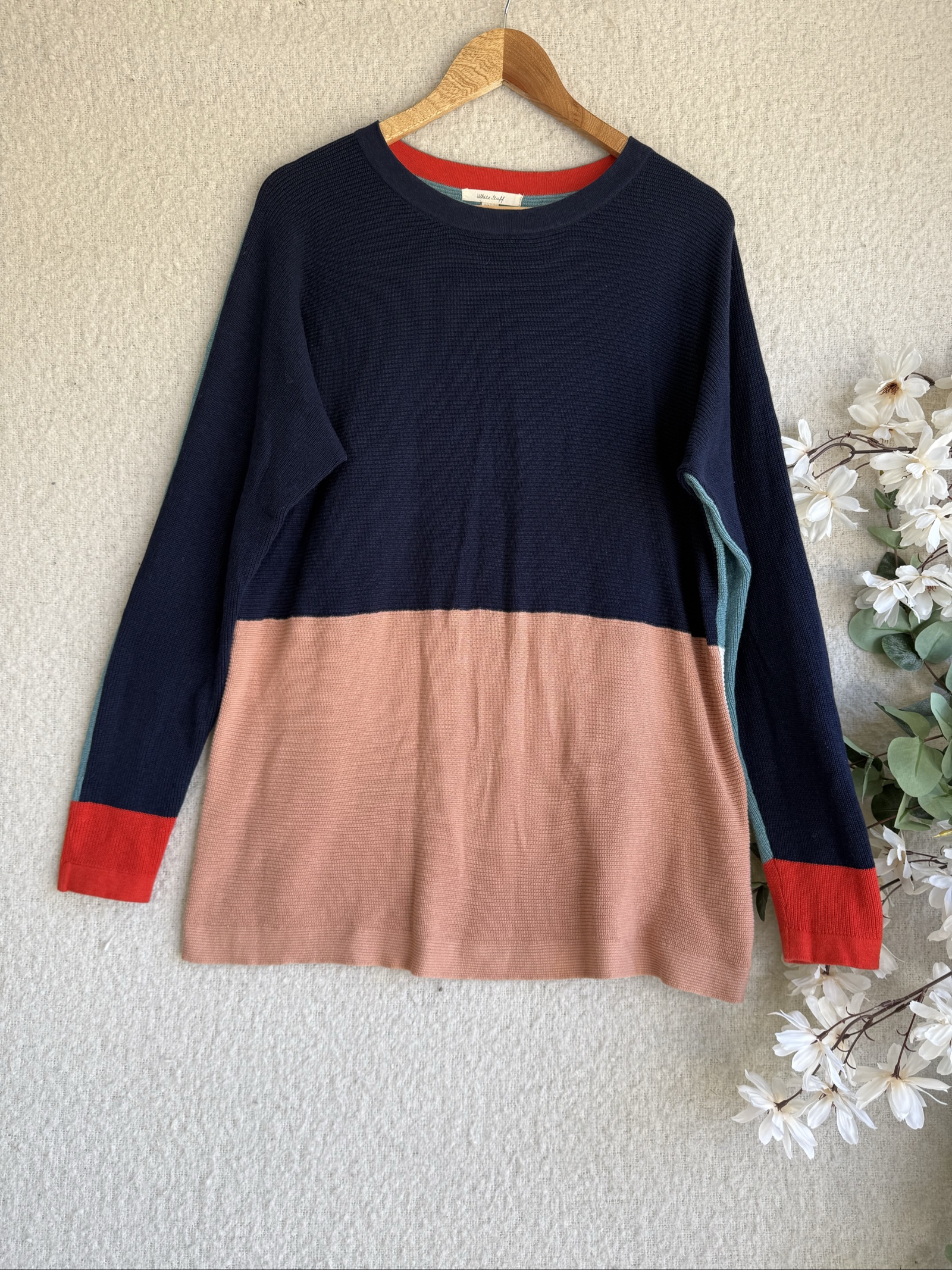 White Stuff Navy Blue & Pink Colourblock Knit Jumper UK 14 Stylish Cozy