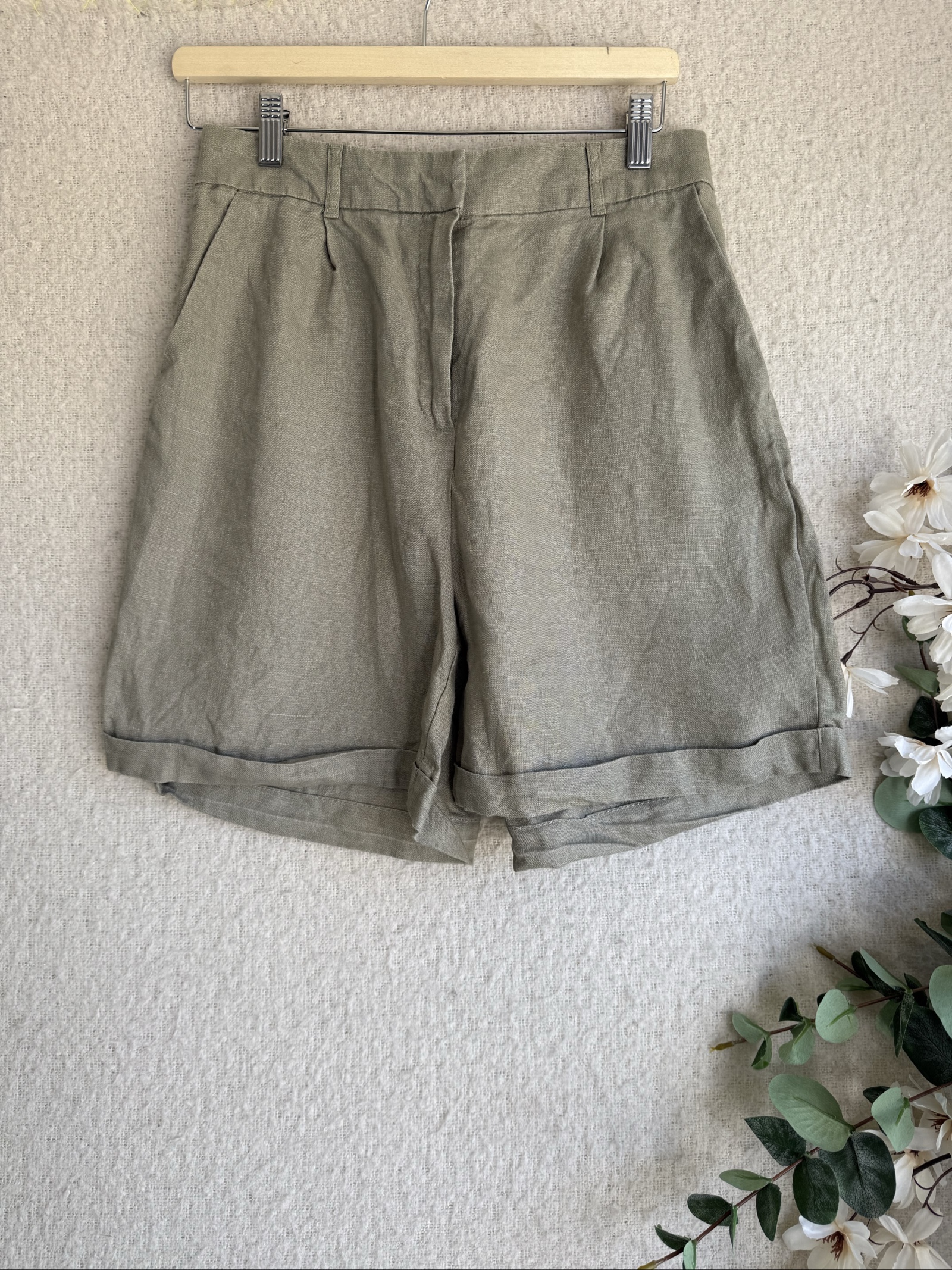 Primark Khaki Linen Blend Relaxed Fit Shorts Small S Casual Summer Lightwear