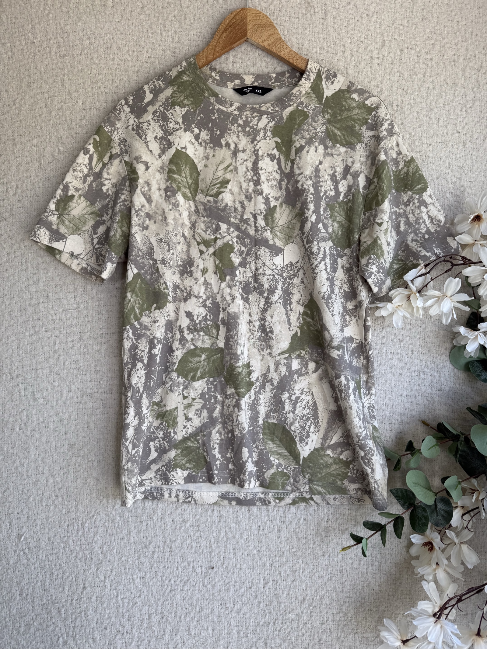 Jay Jays Green & Grey Leaf Print Relaxed Tee XXS Casual Lightweight Cotton