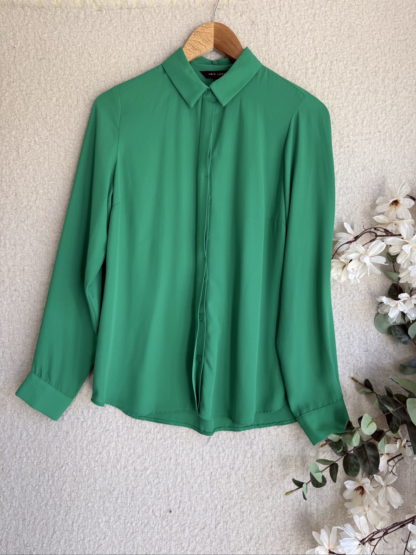 New Look Green Shirt Blouse UK 10 Classic Long Sleeve Button Down