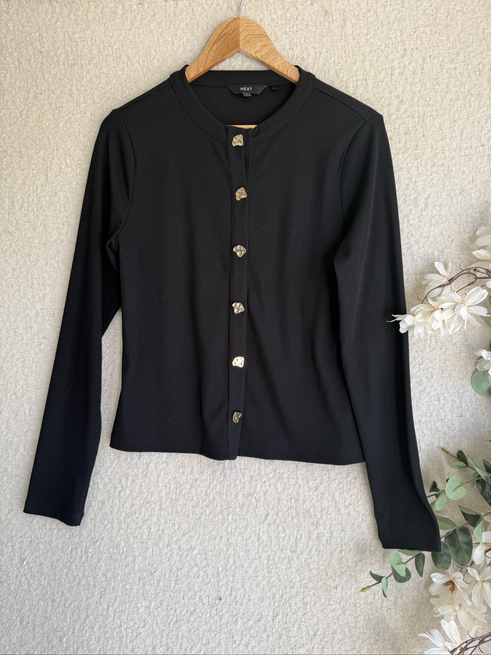 Next Black Ribbed Button Cardigan UK 16 Long Sleeve Classic Style
