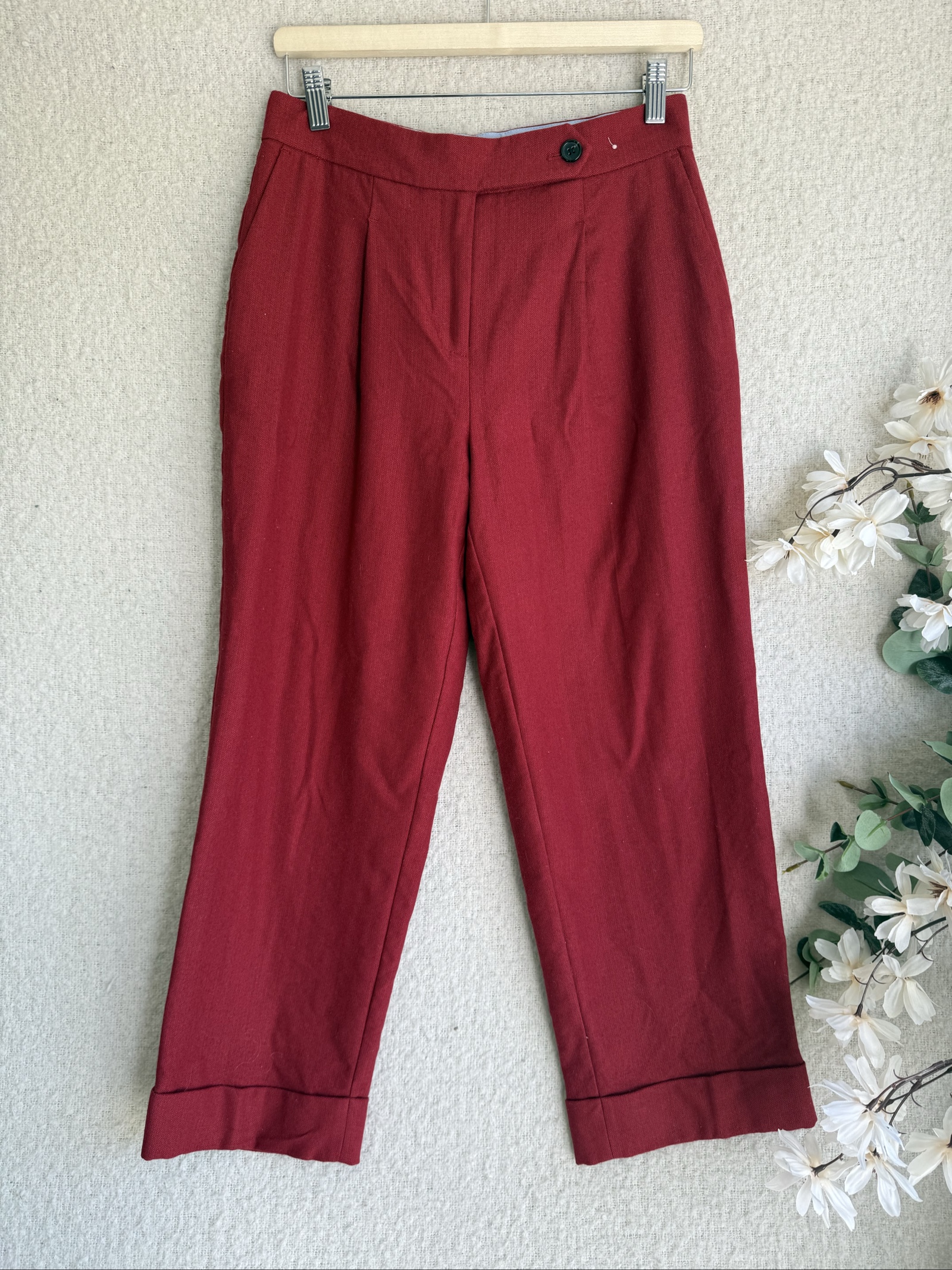 Per Una Berry Red Tailored Wool Trousers UK 10 Short Elegant Workwear