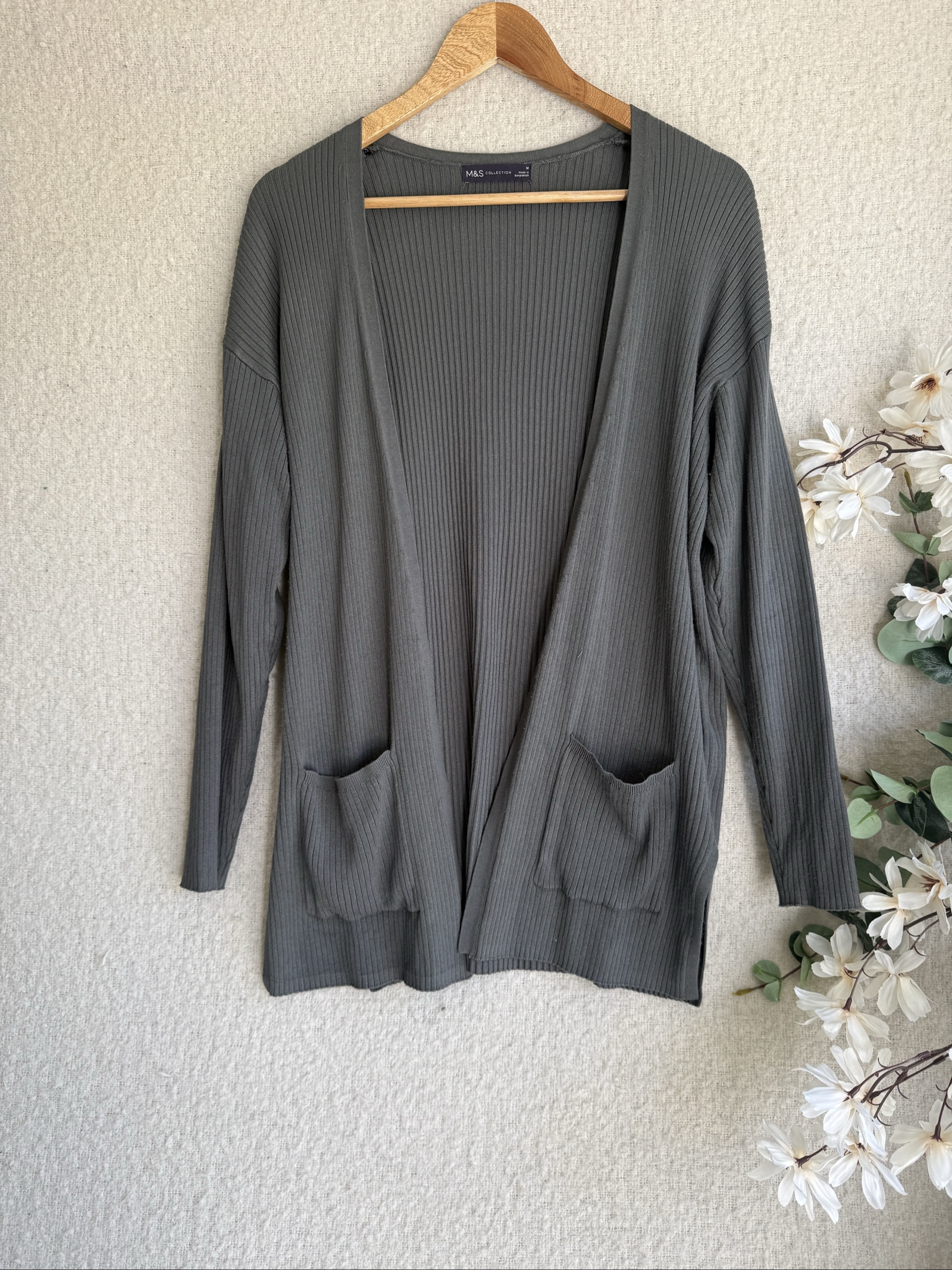 M&S Grey Ribbed Cardigan Medium Casual Everyday Lightweight