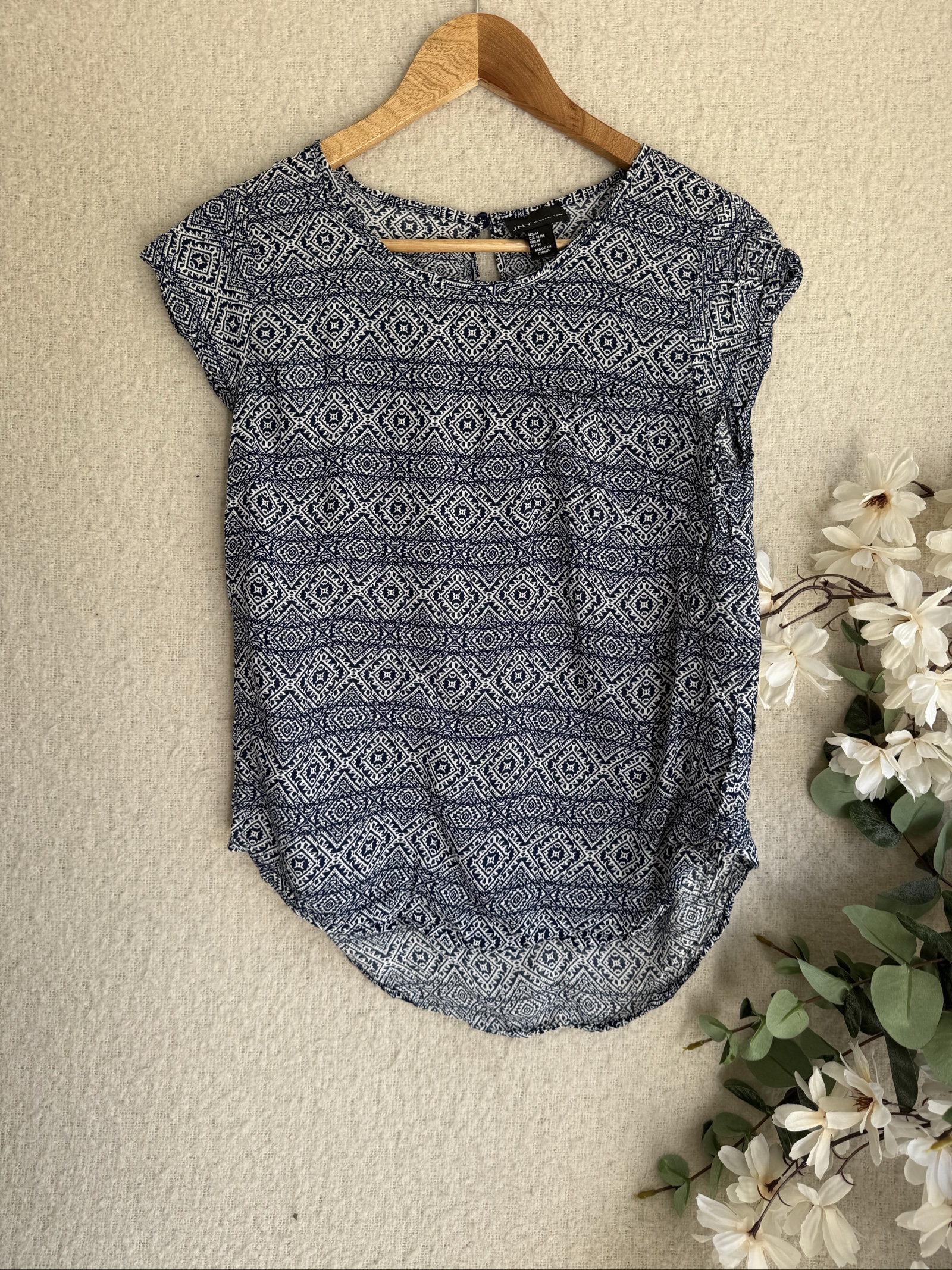 Jones New York Navy & White Patterned Cap Sleeve Blouse UK Medium Stylish