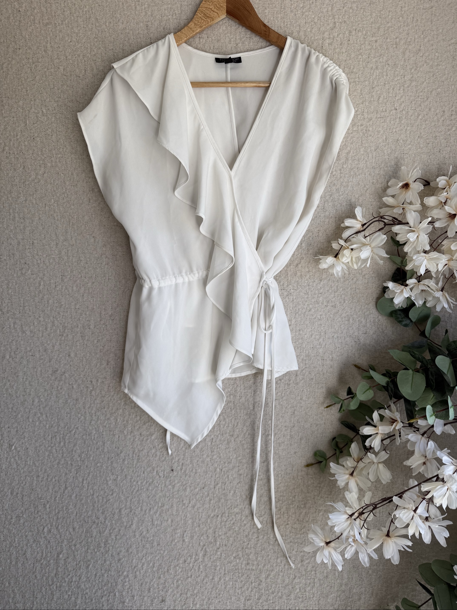 Topshop White Wrap Front Ruffle Sleeve Top UK 12 Elegant Summer Blouse