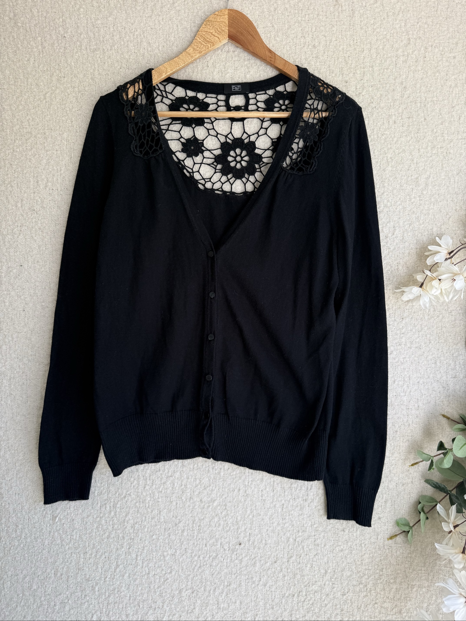 F&F Black Lace Back Button Cardigan UK 18 Cotton Women's Lightweight Knitwear image 3