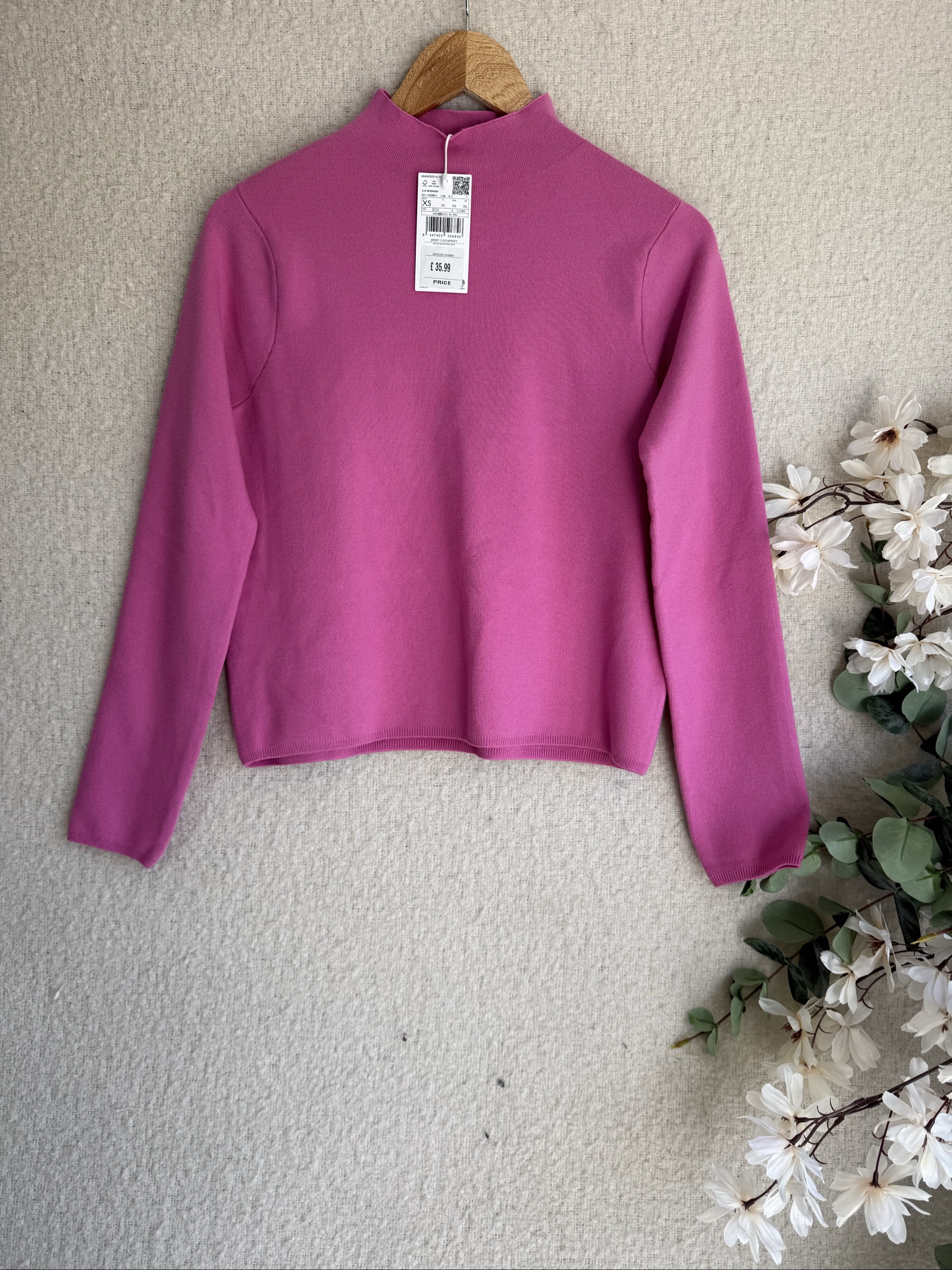 Mango Pink Knit Sweater XS Soft Viscose Blend Casual Cozy Top
