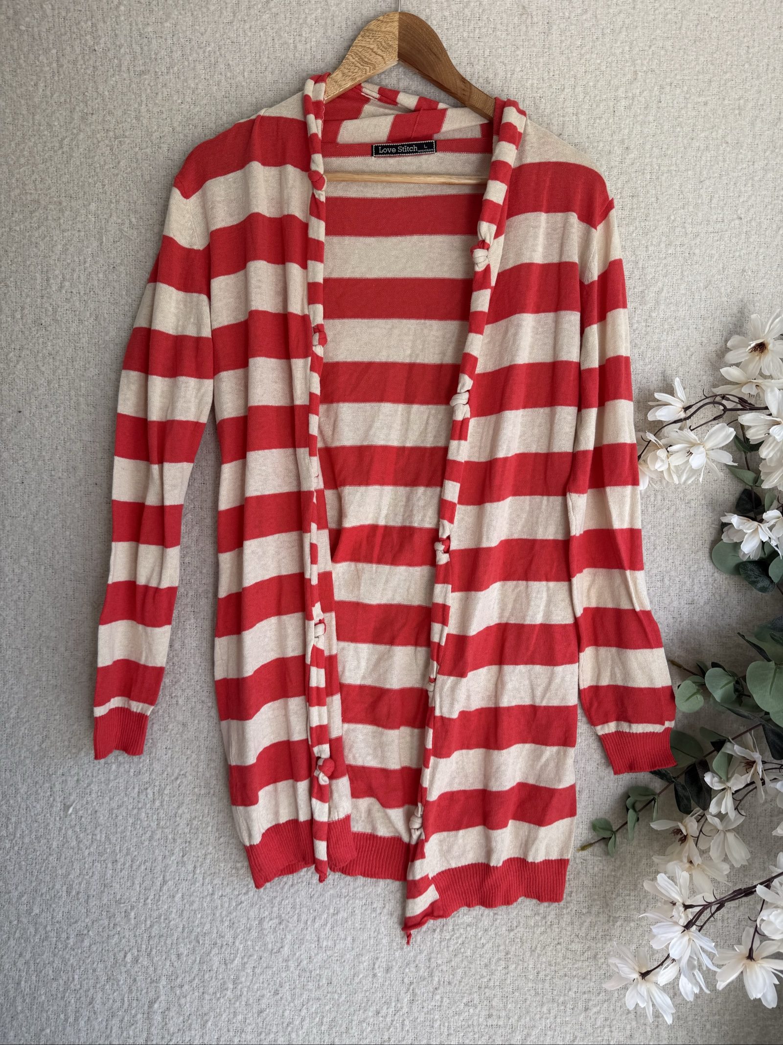 Love Stitch Red & Cream Striped Hooded Cardigan Large Casual Knitwear