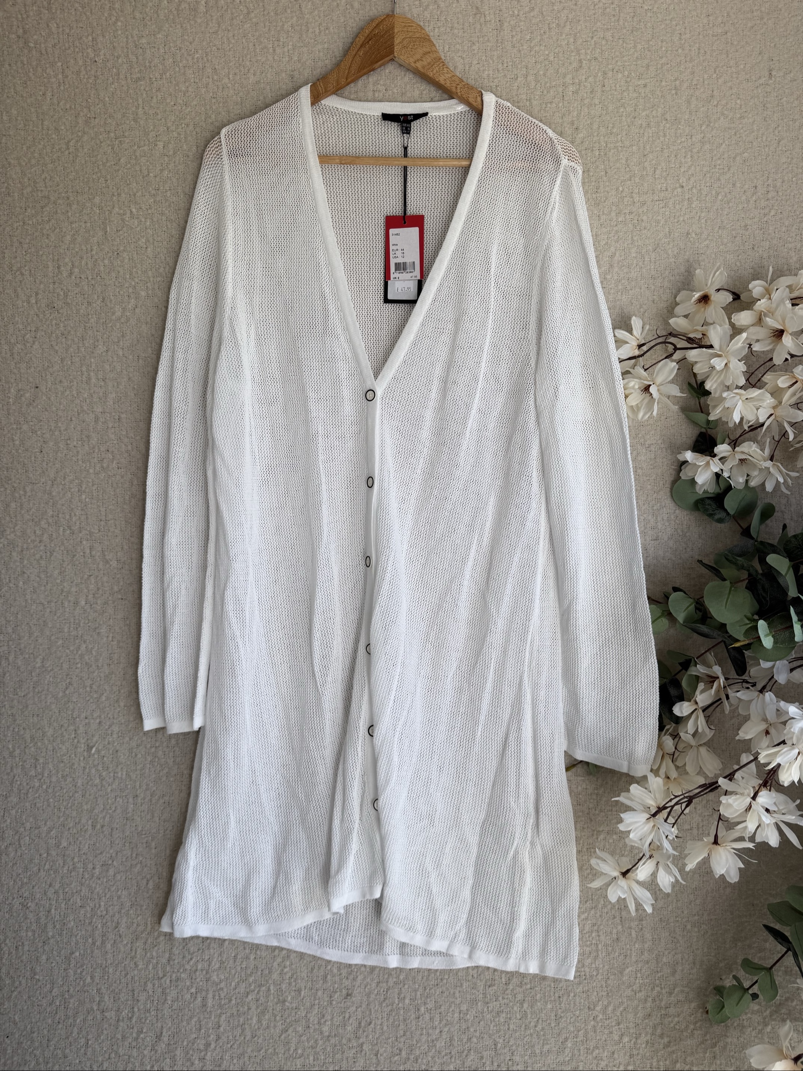 Yest White Long Knit Cardigan UK 16 Lightweight Mesh Button Up Layering