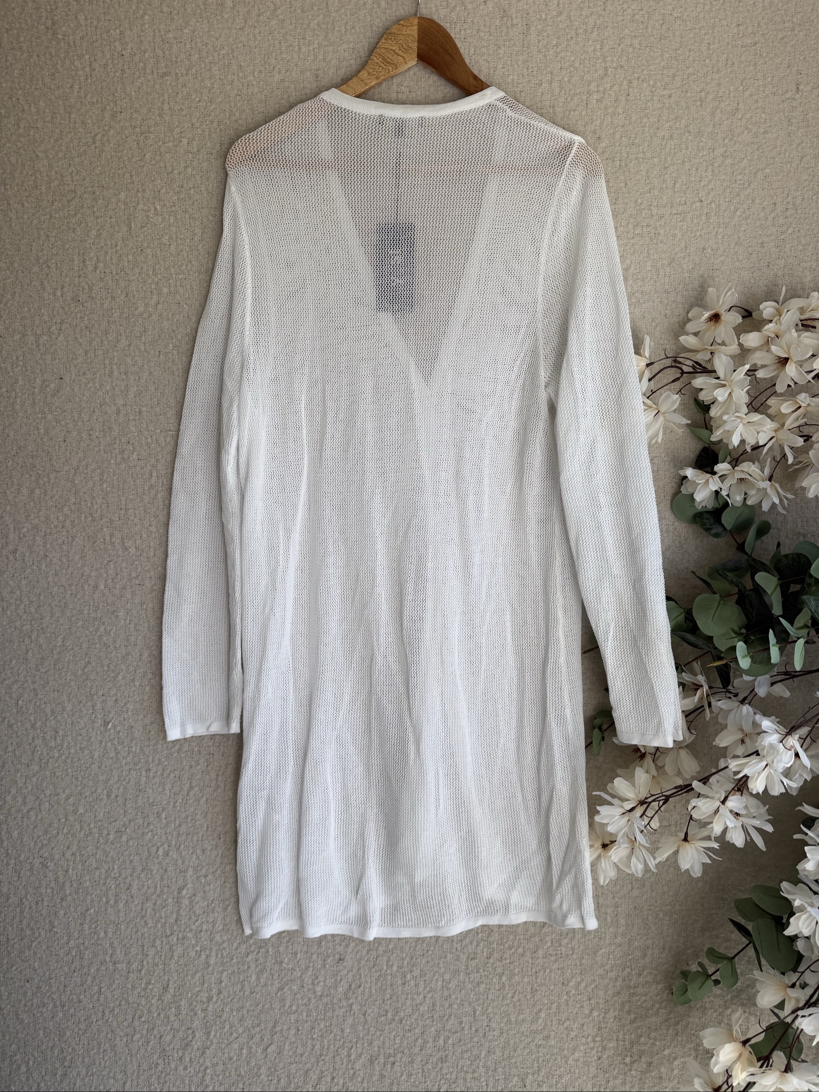 Yest White Long Knit Cardigan UK 16 Lightweight Mesh Button Up Layering image 4