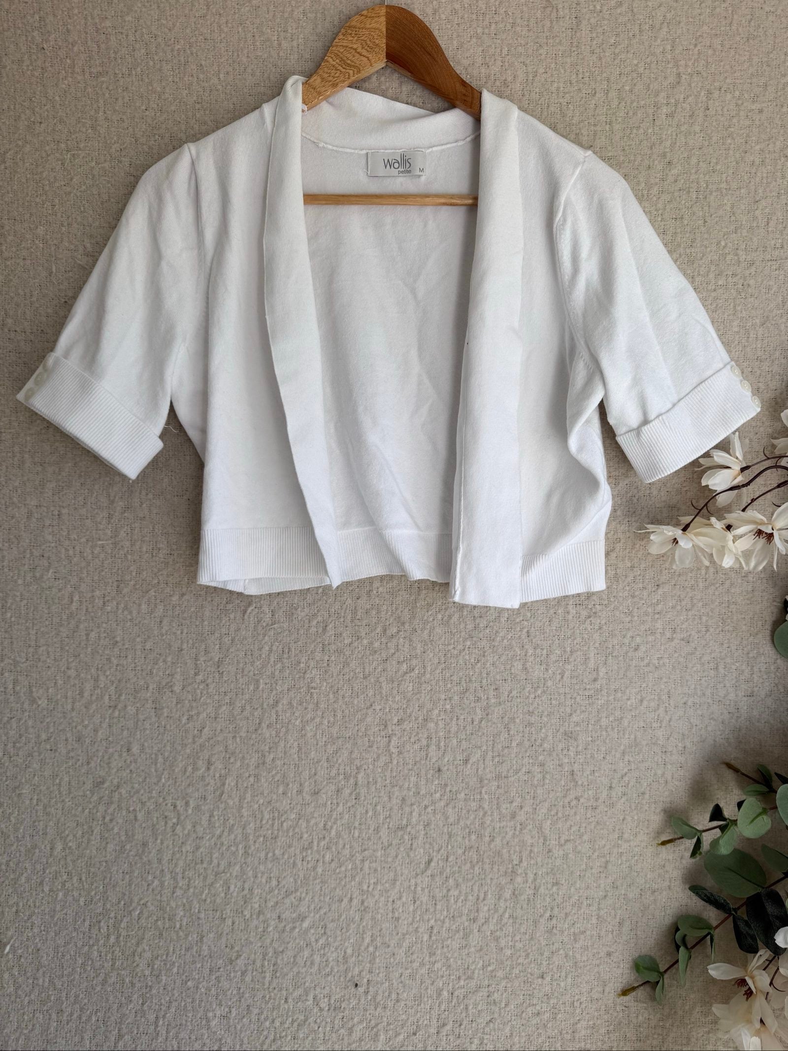 Wallis White Petite Cropped Cardigan Medium Soft Knit Sleeve Buttons