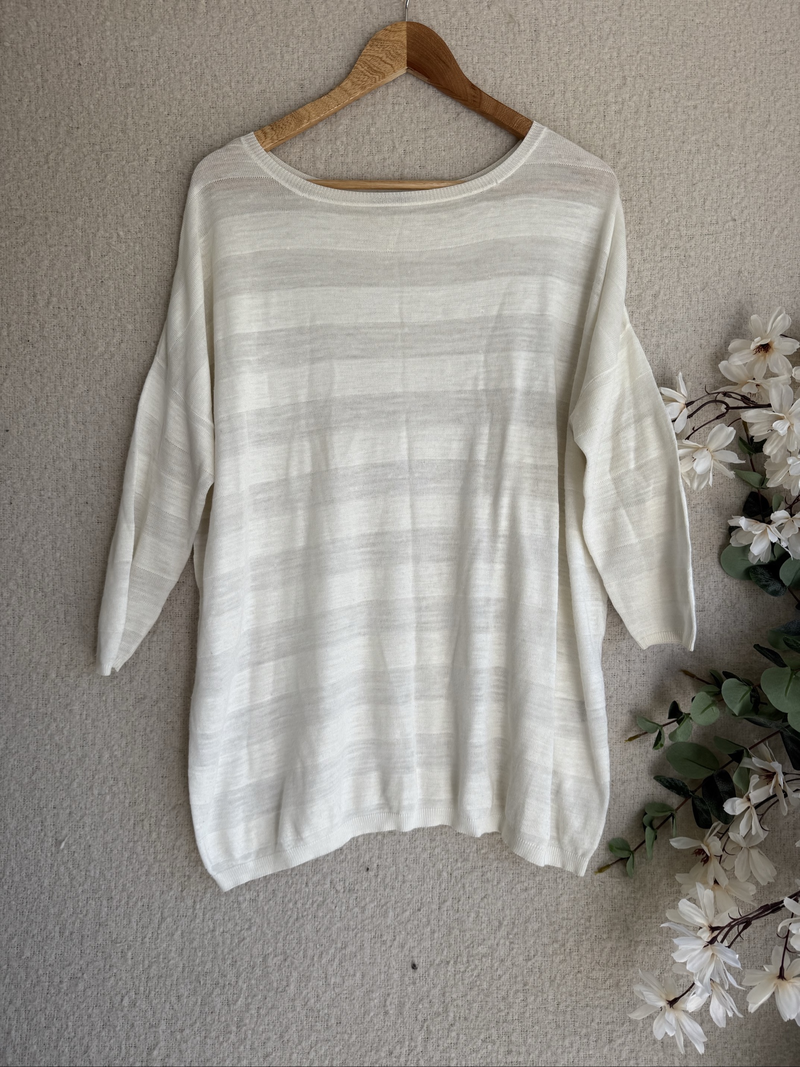 Planet White Striped Lightweight Knit Jumper UK Small Soft Acrylic Linen